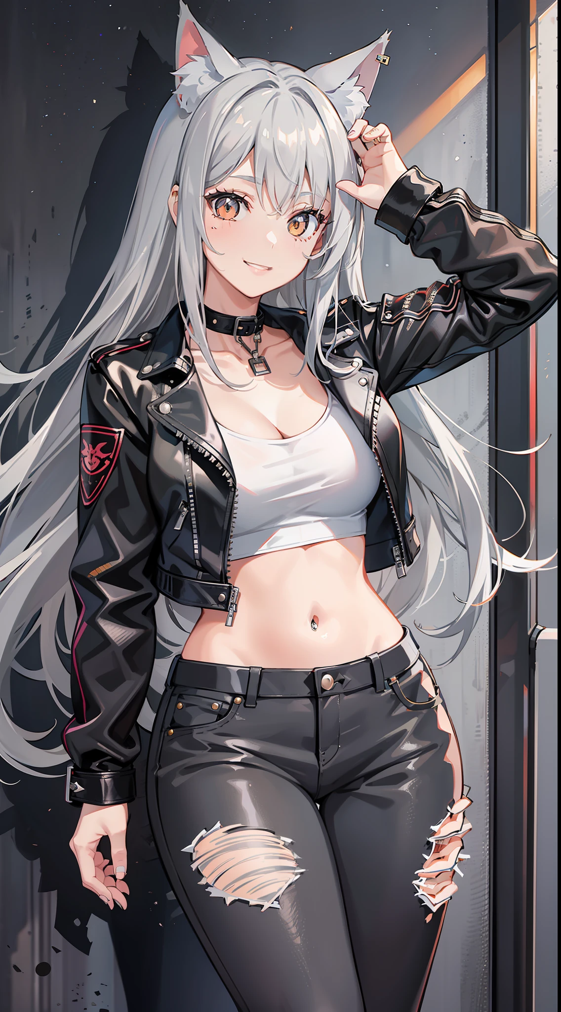Adult girl, long gray hair, amber eyes, cat ears, smile, black leather jacket, jeans, masterpiece, high quality