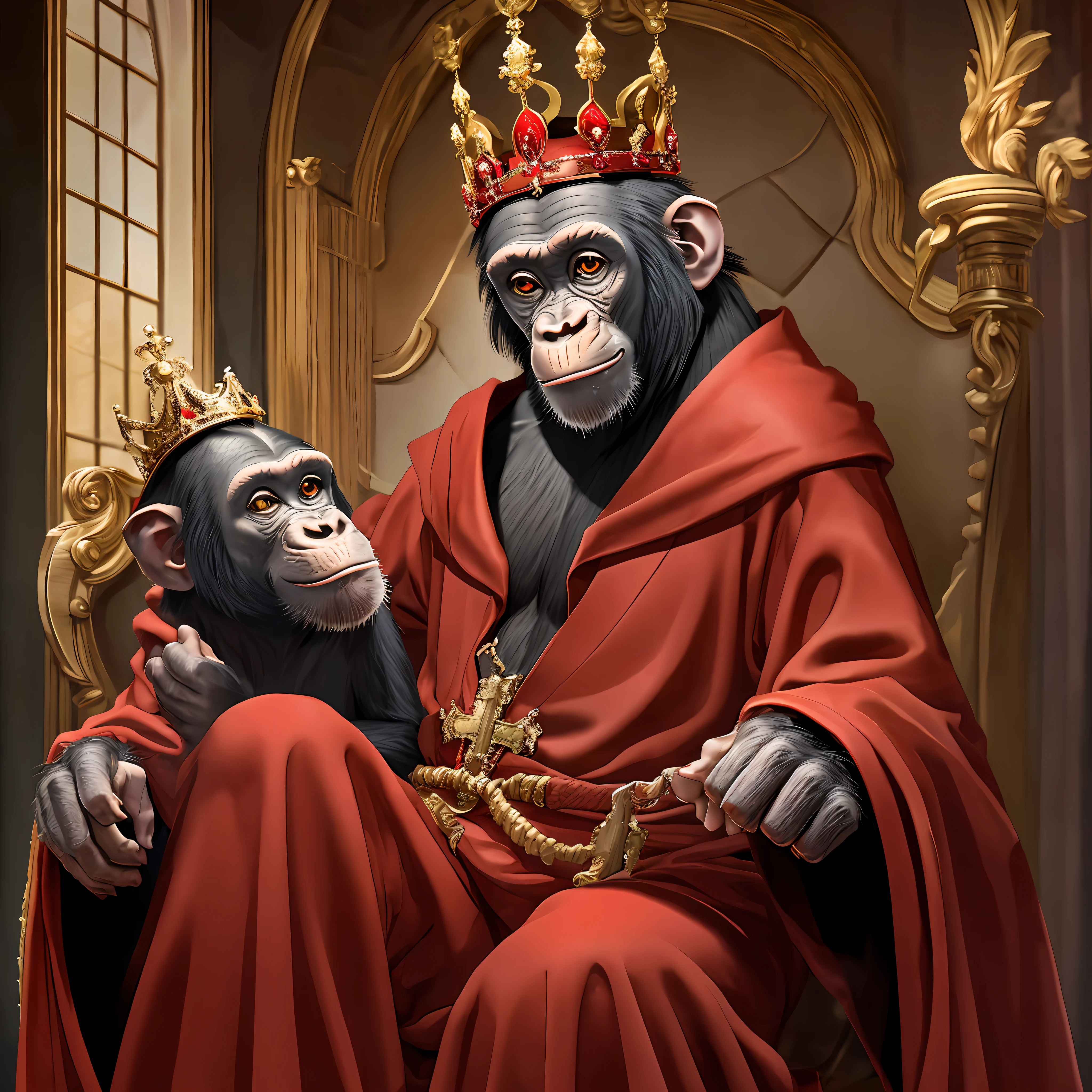 chimpanzee sitting on the throne,with a crown on his head,wearing a red robe,with his leg cross,common mischievous smile,8knrealistic --auto --s2