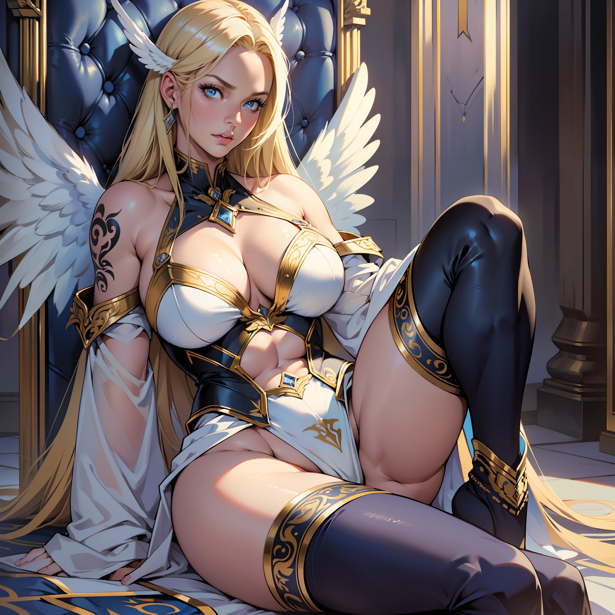 ((realistic: 1.5)),((best quality)), ((masterpiece)),((detailed)), woman, blonde haired, blue pupils , angel wings, focus on face, mature, intimidating expression, intimidating pose, long legs, curves, large breasts, closed neckline, sexy angelic clothing, thick thighs, leg tattoo, wide hips, long eyelashes, sitting on the throne, kingdom of heaven