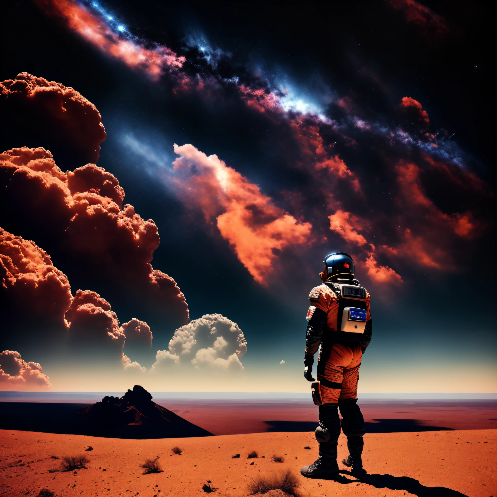 landscape photo, (view from bottom to top) A cosmonaut, standing in a desert looking up, (several nebulae in the sky), (cracked heart on the horizon), noir style, art deco, soviet art