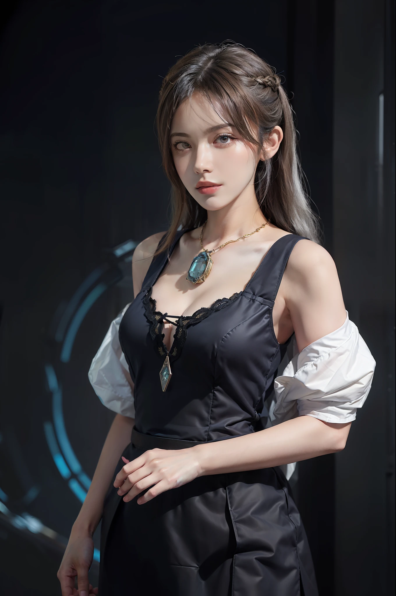 Hyperrealist portrait of female by david hockney and alphonse mucha,fantasy art, photo realistic, dynamic lighting, artstation, poster, volumetric lighting, very detailed faces, 4 k, award winning,, 1girl, in the dark, deep shadow, low key,cowboy shot,(official clothing:1.4) ,long hair,white hair,
