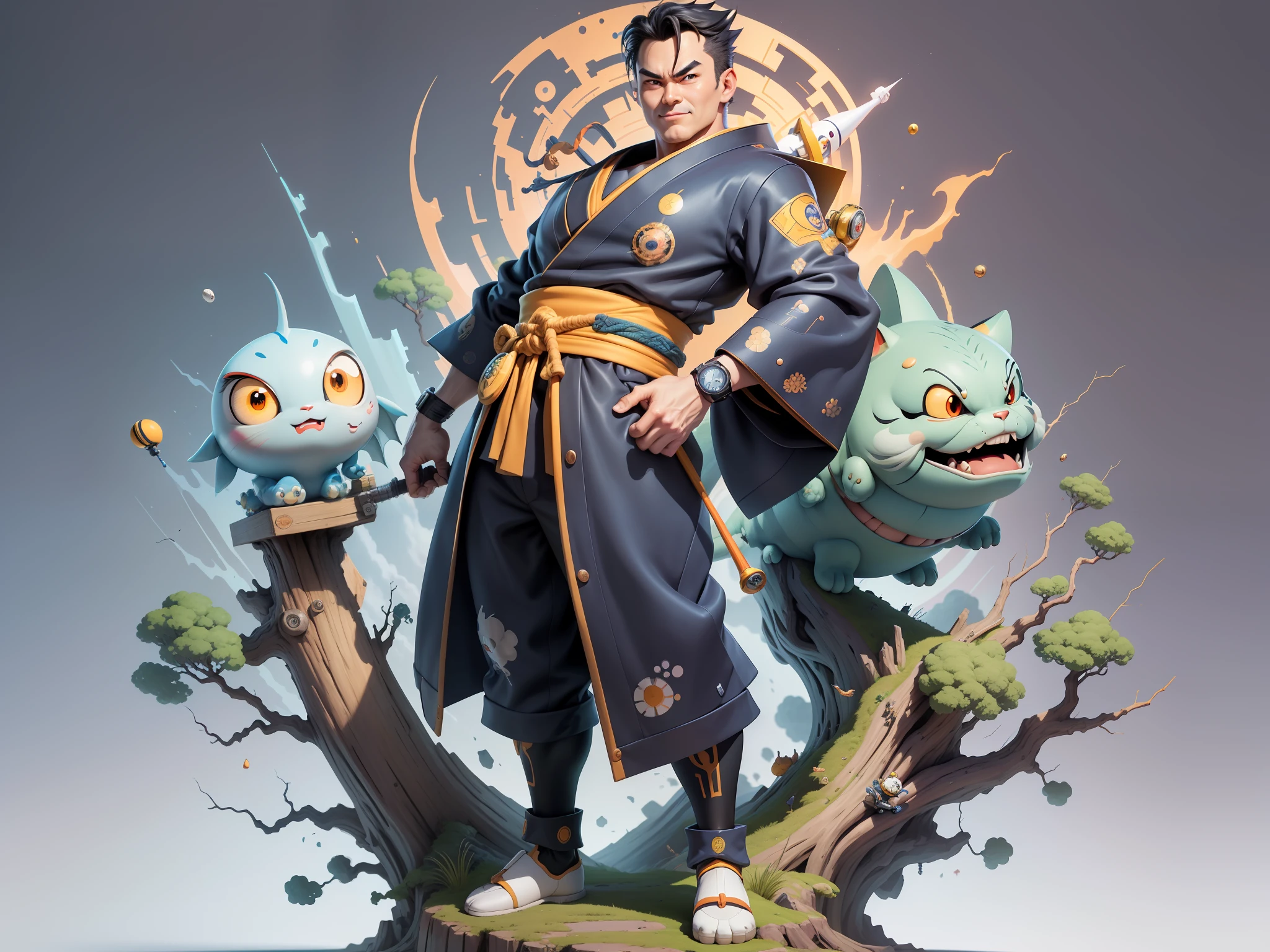 (Masterpiece), (Excellent), (Super Meticulous), (Full Body: 1.2), Super Young Man, Oriental Face, Japanese Kimono, Japanese Wind Thunder God, Dragon, Tiger, TV Anchor, Bust Portrait Illustration, Alone, Black Suit, Blue Tie, Slightly Chubby Face, Very Clean Face, No Beard, Black Super Short Hair, Black Eyes, Confident Smile, 3c Computer Sub-Products, iPad, iPhone, Digital Painting, 3D Character Design by Akira Toriyama and Mark Claireden and Pixar and Hayao Miyazaki, The illustration is a high-definition illustration in 4K resolution with very detailed facial features and cartoon-style visuals.