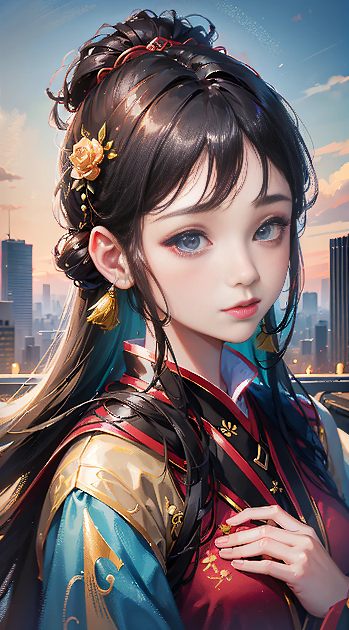 1girl, cute, beautiful face, (portrait:1.2), solo, hanfu, best quality, global illumination, ultra sharp shadows, octane render, 8k, [:(outdoors, Chinese architecture, buildings, (mountain:0.8), cloud):0.1],
