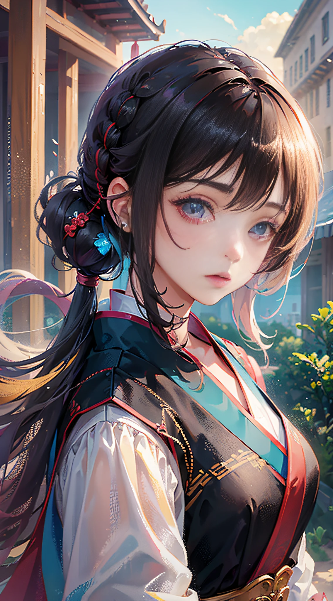 1girl, cute, beautiful face, (portrait:1.2), solo, hanfu, best quality, global illumination, ultra sharp shadows, octane render, 8k, [:(outdoors, Chinese architecture, buildings, (mountain:0.8), cloud):0.1],
