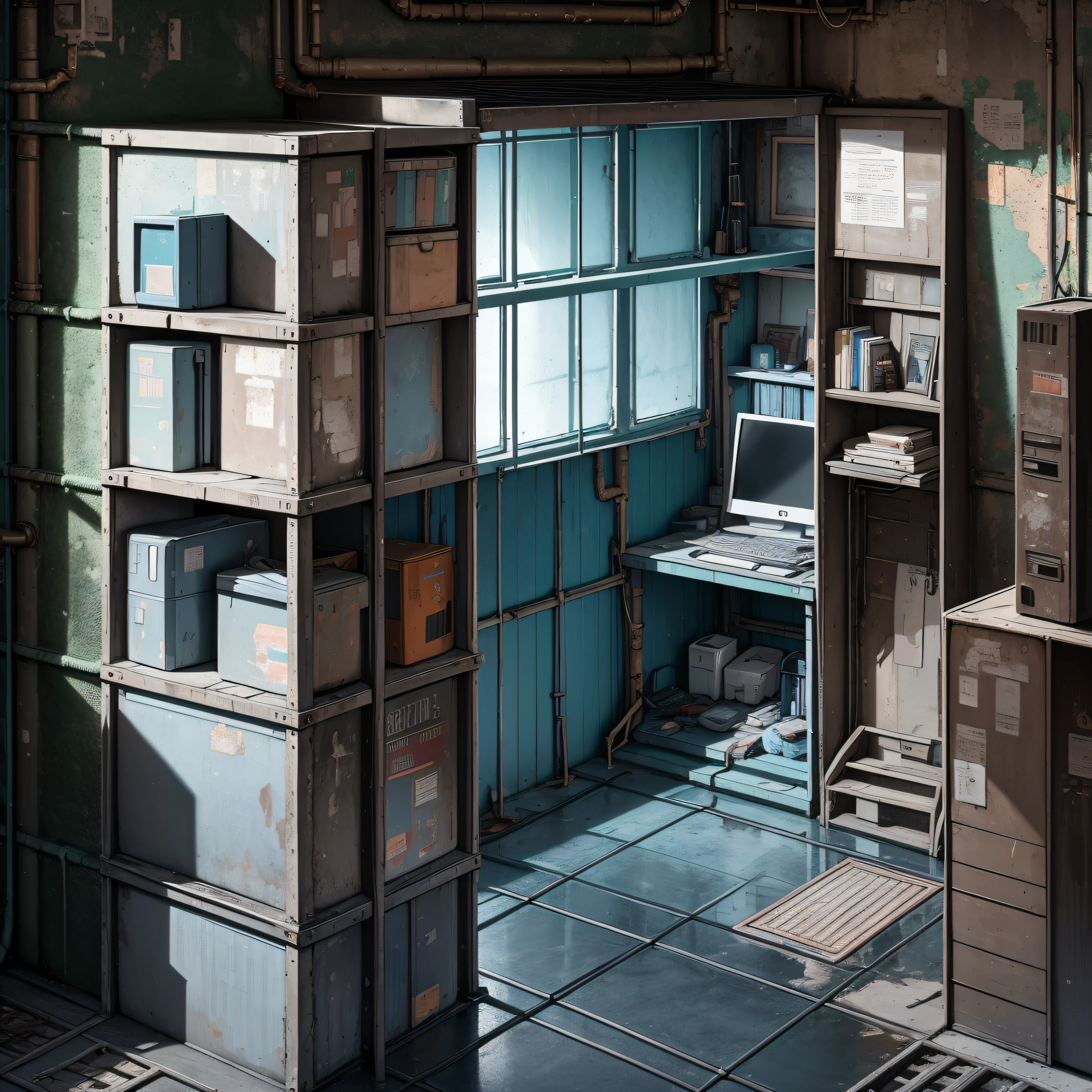 Dojunkai apartment surreal and very detailed illustrations, external perspectives, images with objects very loaded, viewpoints from below, dirty cement stairs with cracks, green trash cans, metal signs, seats, cables, poles, pastel blue telephone boxes, rusty pipes, wall pipes, electricity meters, gray and dark walls, empty boxes, old paper on the floor, painted damaged walls, garbage on the floor, metal and rusty scrap, mechanical parts (rusty, brown), highly detailed advertisements on neon walls, spotlight lights (very shining blue light), artificial and sterile environments, very dark nights, fog and rather thick smoke, very dark landscape shadows, red and green neon lights, snow falling all over the landscape, dampness, puddles reflecting dim ambient light, computers, small rooms, bookshelves, desks, keyboards, PC monitors, Books, toys scattered, lots of miniature figures, dolls, --auto --s2