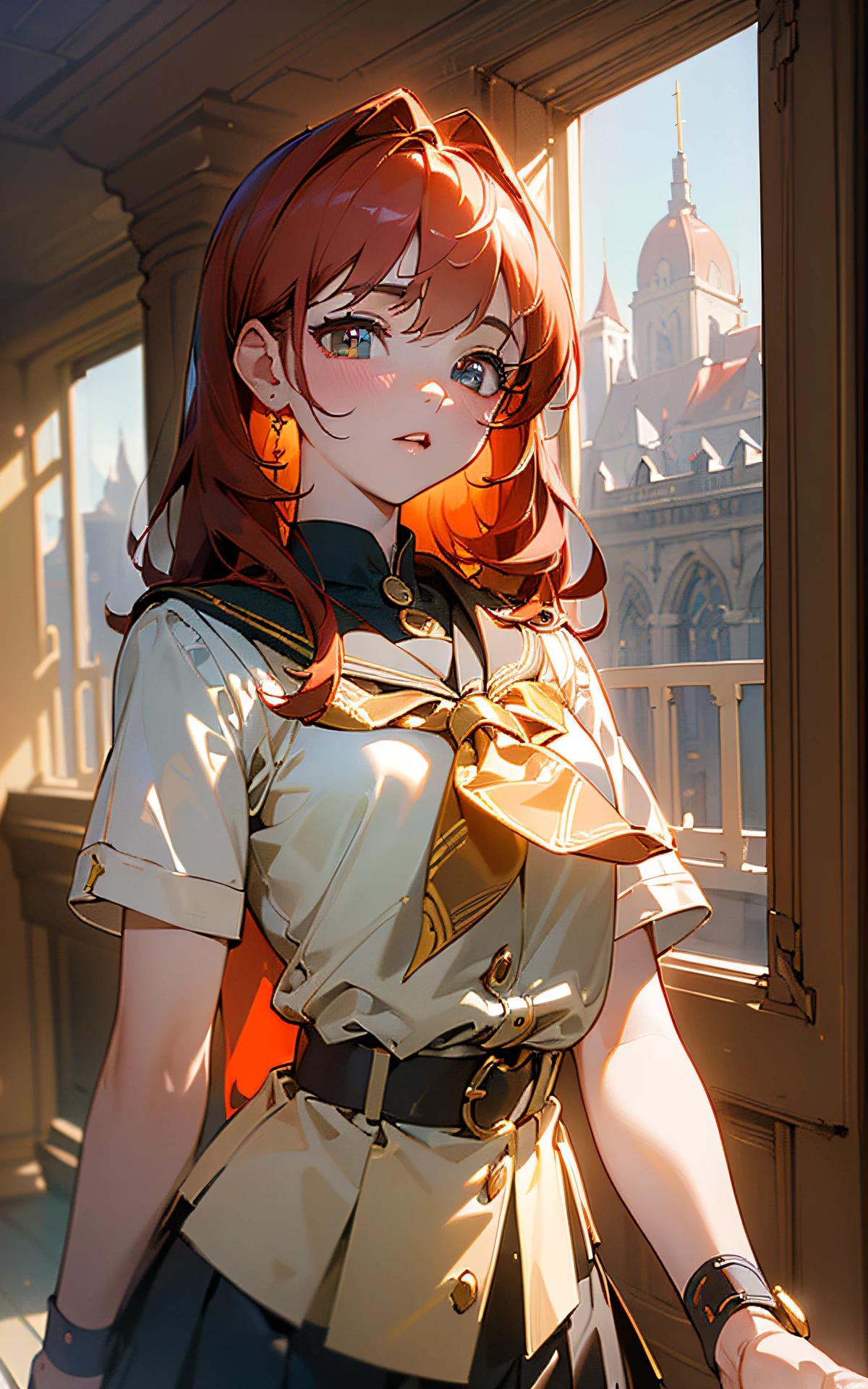 ((unity 16k wallpaper, masterpiece, best quality, ultra-detailed, extremely detailed CG, caustics, detailed, beautiful detailed eyes, , dynamic pose、curby)), ultra high-definition, fine skin, (cute: 1.2), (school uniform)、red hair