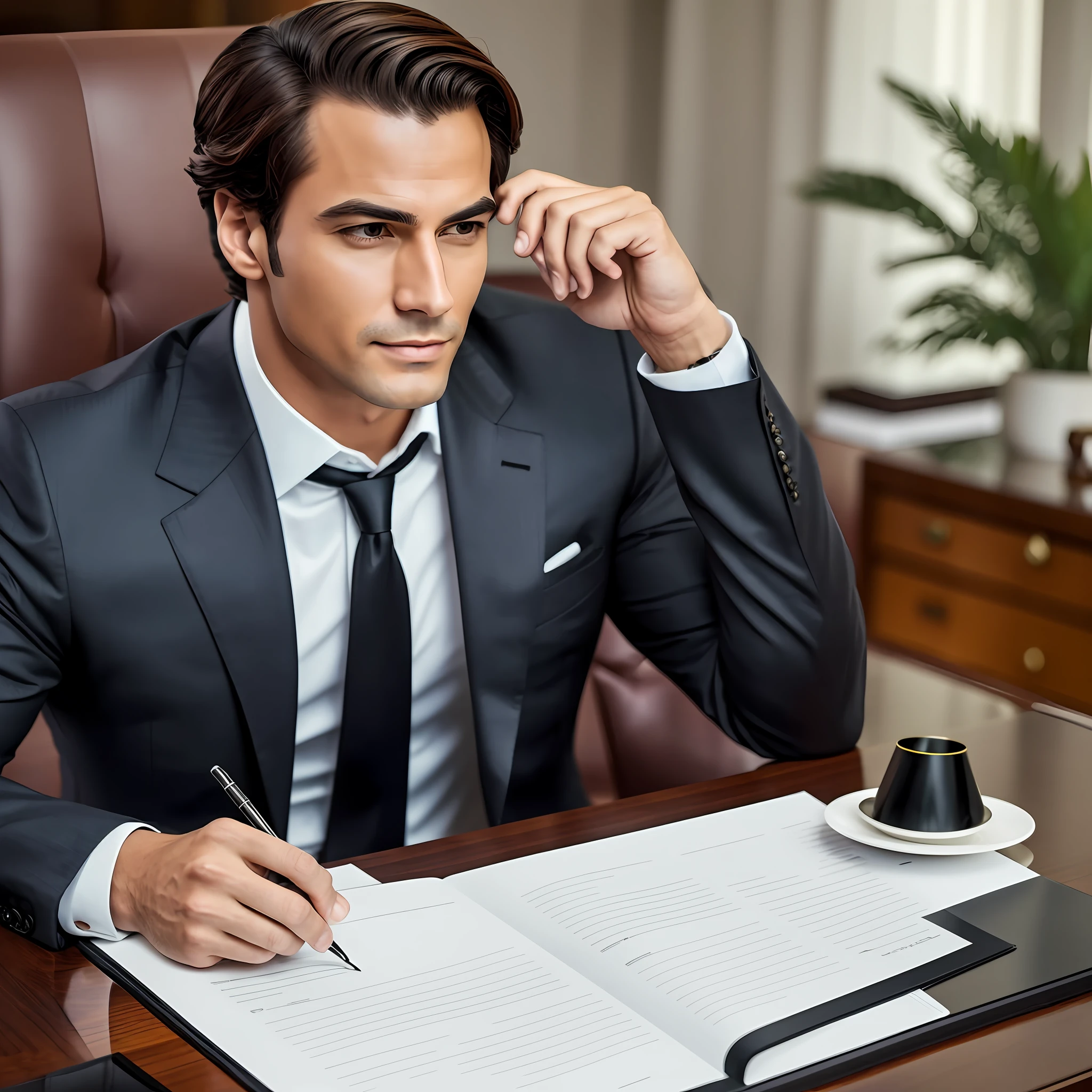 A very attractive businessman, with elegant clothes and an imposing posture, in a luxurious and modern environment, with evidence of success and prosperity in his business.hultra realistic camera cannon --auto --s2