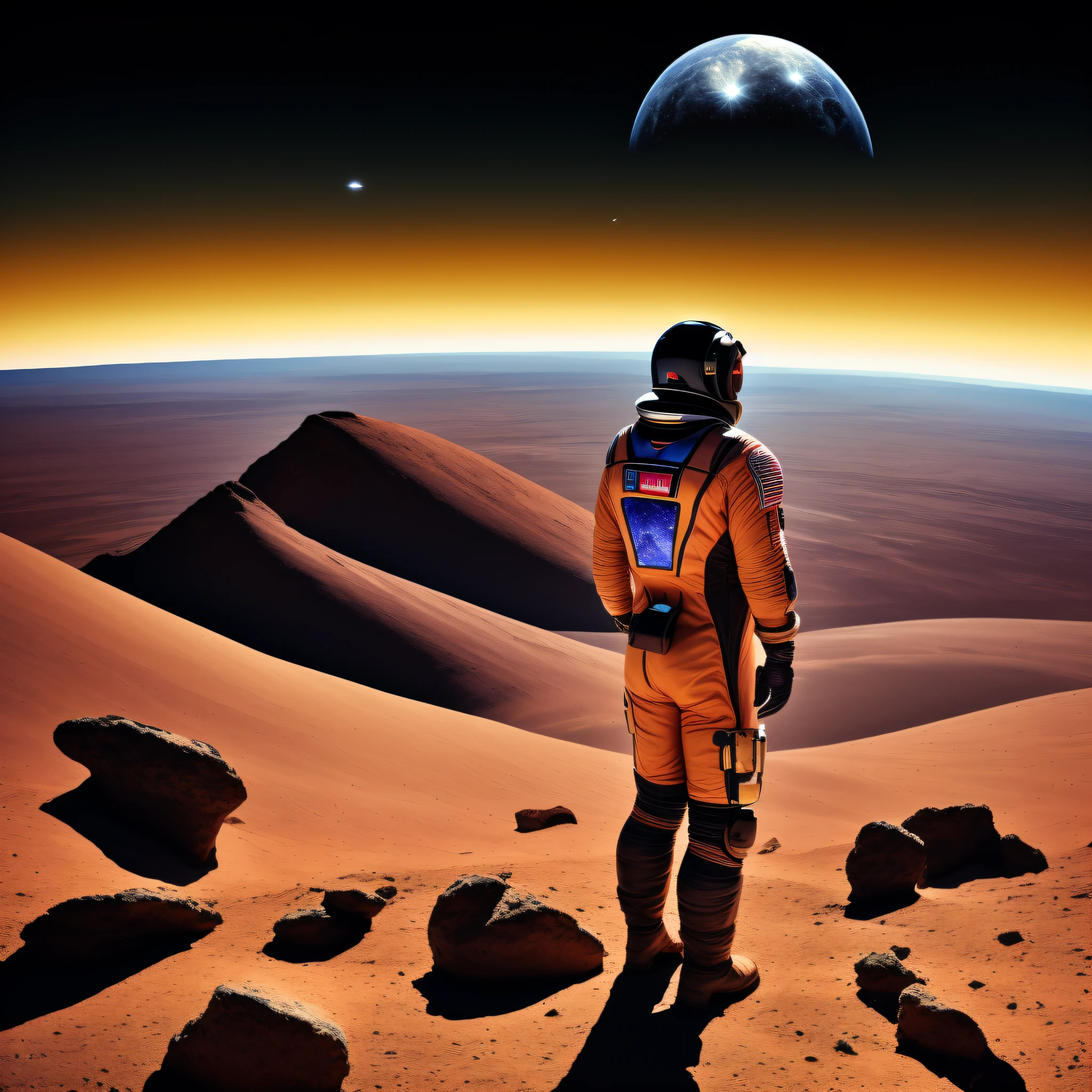 landscape photo, (view from bottom to top) A cosmonaut, standing in a desert looking up, (several galaxies in the sky), several broken hearts on the horizon, noir style, art deco, soviet art