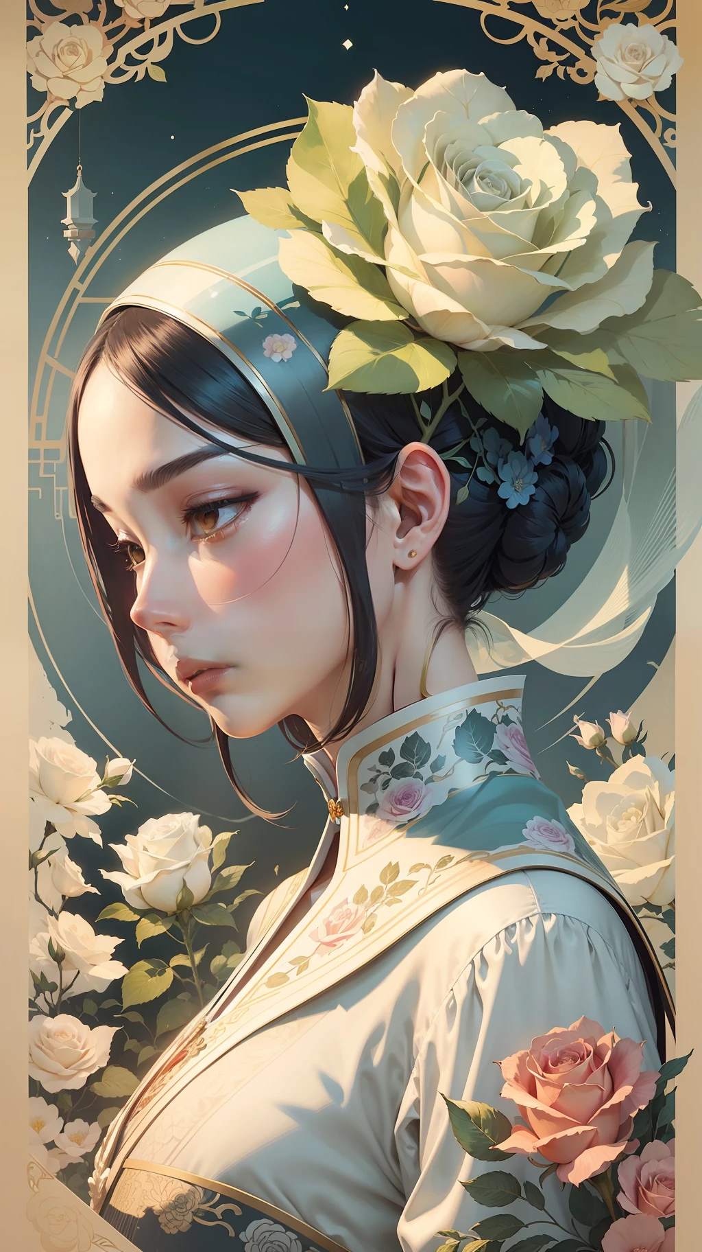 Illustration, poster design, perfume bottle, silk white rose, plant, chinoiserie, rich background, flat illustration, Victo Ngai style stunning details atmospheric perspective, natural lighting, hyper detail details, 8k