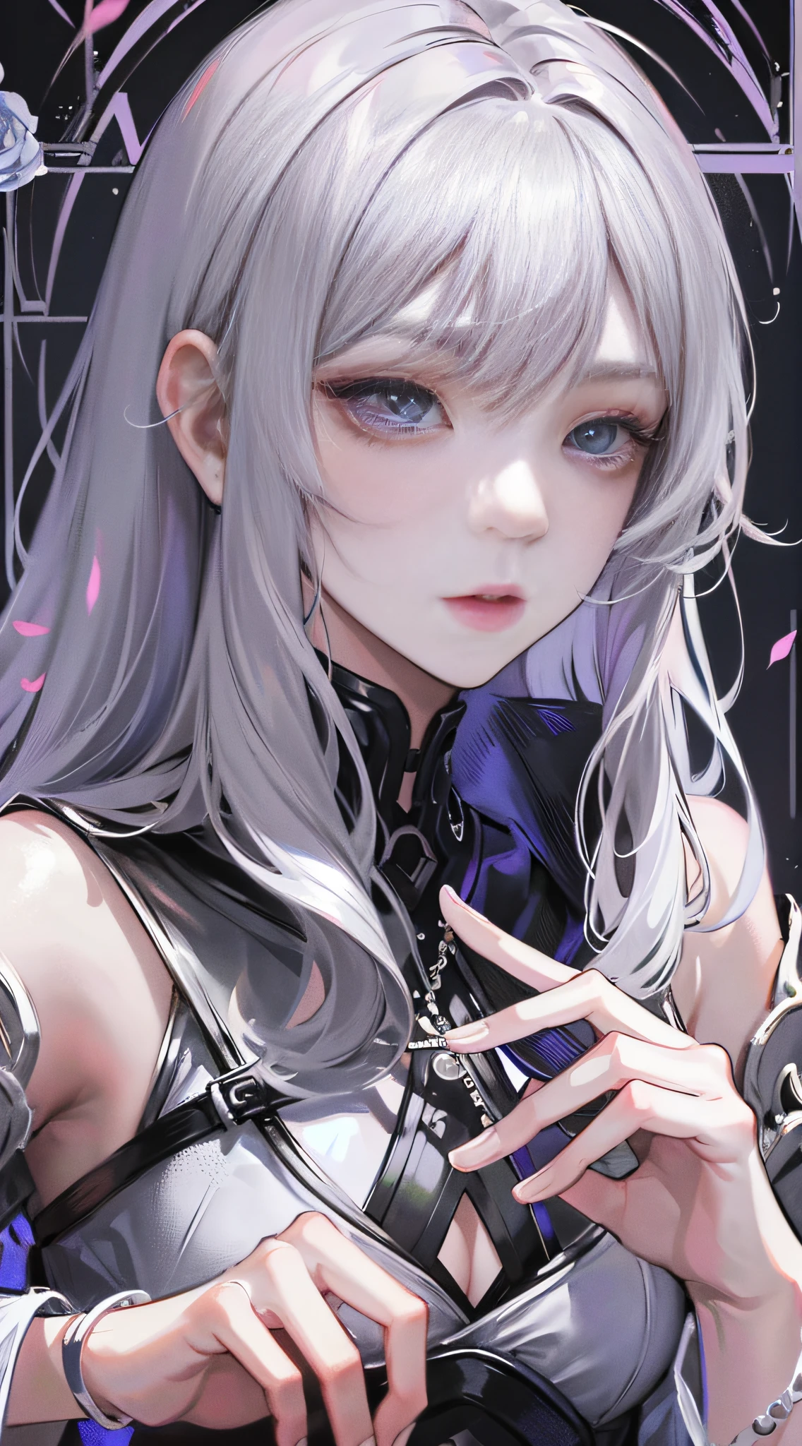 Masterpiece Best Night Full Moon 1 Female Mature Female Elder Sister Yu Sister Cold Face Expressionless Silver White Long Hair Woman Light Pink Lips Calm Intellectual Three Bands Gray Eyes Assassin Short Knife, Flowers, Hand Details, Finger Details,
