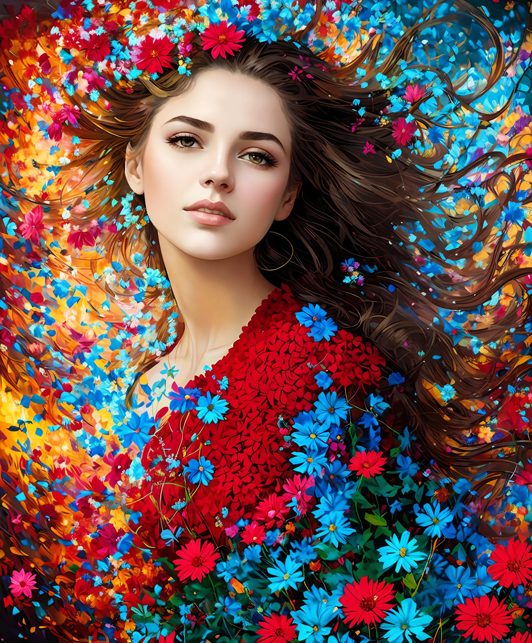 arafed portrait of a woman with flowers in her hair, woman in flowers, girl in flowers, surreal beautiful young woman, perky woman made of petals, flower storm portrait, beautiful art uhd 4 k, karol bak uhd, the girl made out of flowers, covered with flowers, girl in a bed of flowers, beautiful gorgeous digital art