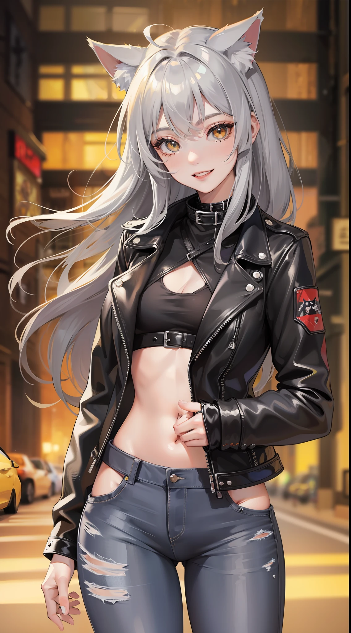 Adult girl, long gray hair, amber eyes, cat ears, smile, black leather jacket, jeans, masterpiece, high quality