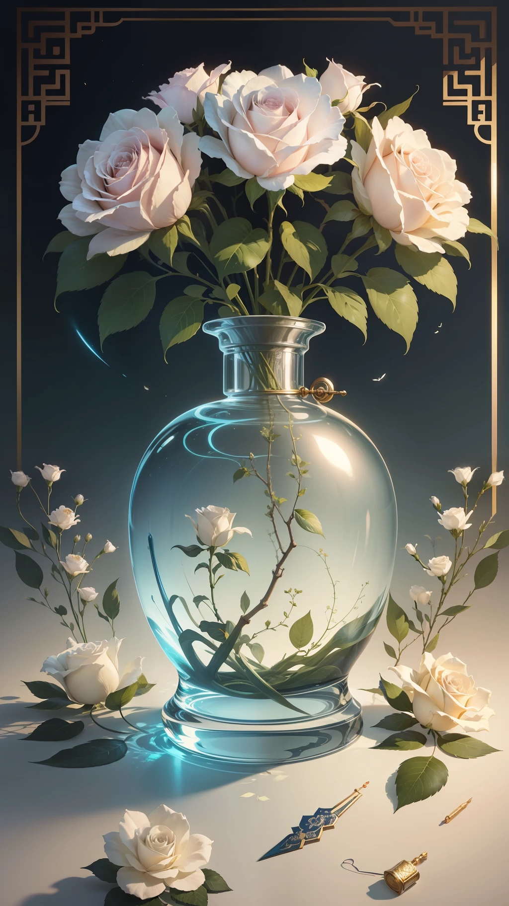 Illustration, poster design, perfume bottle, silk white rose, plant, chinoiserie, rich background, flat illustration, Victo Ngai style stunning details atmospheric perspective, natural lighting, hyper detail details, 8k