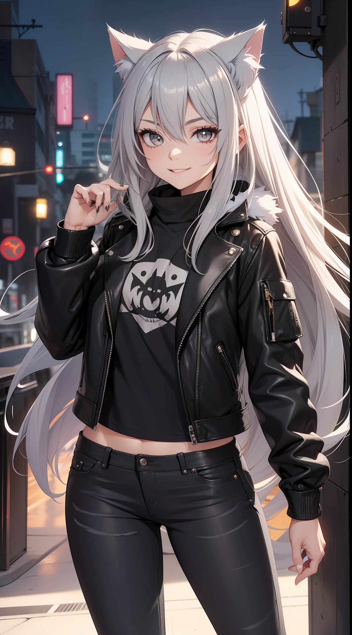 Adult girl, long gray hair, amber eyes, cat ears, smile, black leather jacket, jeans, masterpiece, high quality