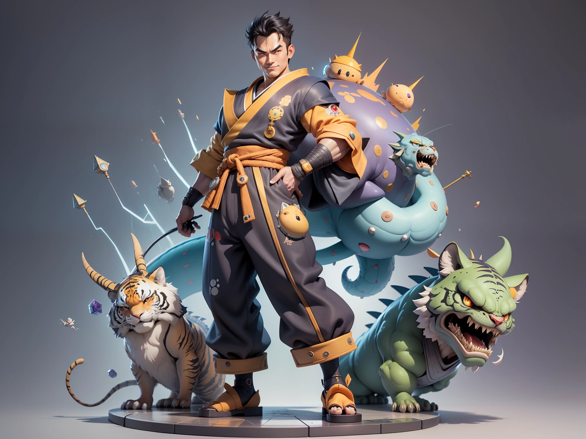 (Masterpiece), (Excellent), (Super Meticulous), (Full Body: 1.2), Super Young Man, Oriental Face, Japanese Kimono, Japanese Wind Thunder God, Dragon, Tiger, TV Anchor, Bust Portrait Illustration, Alone, Black Suit, Blue Tie, Slightly Chubby Face, Very Clean Face, No Beard, Black Super Short Hair, Black Eyes, Confident Smile, 3c Computer Sub-Products, iPad, iPhone, Digital Painting, 3D Character Design by Akira Toriyama and Mark Claireden and Pixar and Hayao Miyazaki, The illustration is a high-definition illustration in 4K resolution with very detailed facial features and cartoon-style visuals.