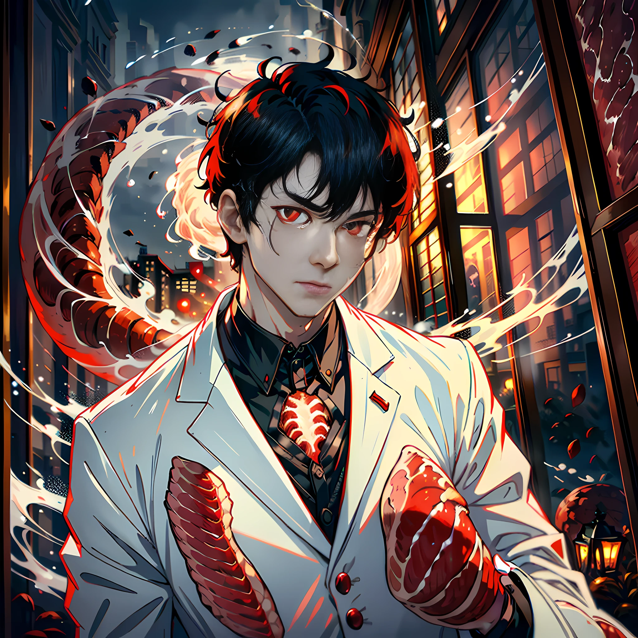 At night, by the window, Red Moon, a handsome boy, about to turn into a zombie, short black hair, white suit, red eyes, energy flow, a large piece of meat in front of him, a large piece of meat, no blood, highly real, 4K, chiaroscuro, super high detail