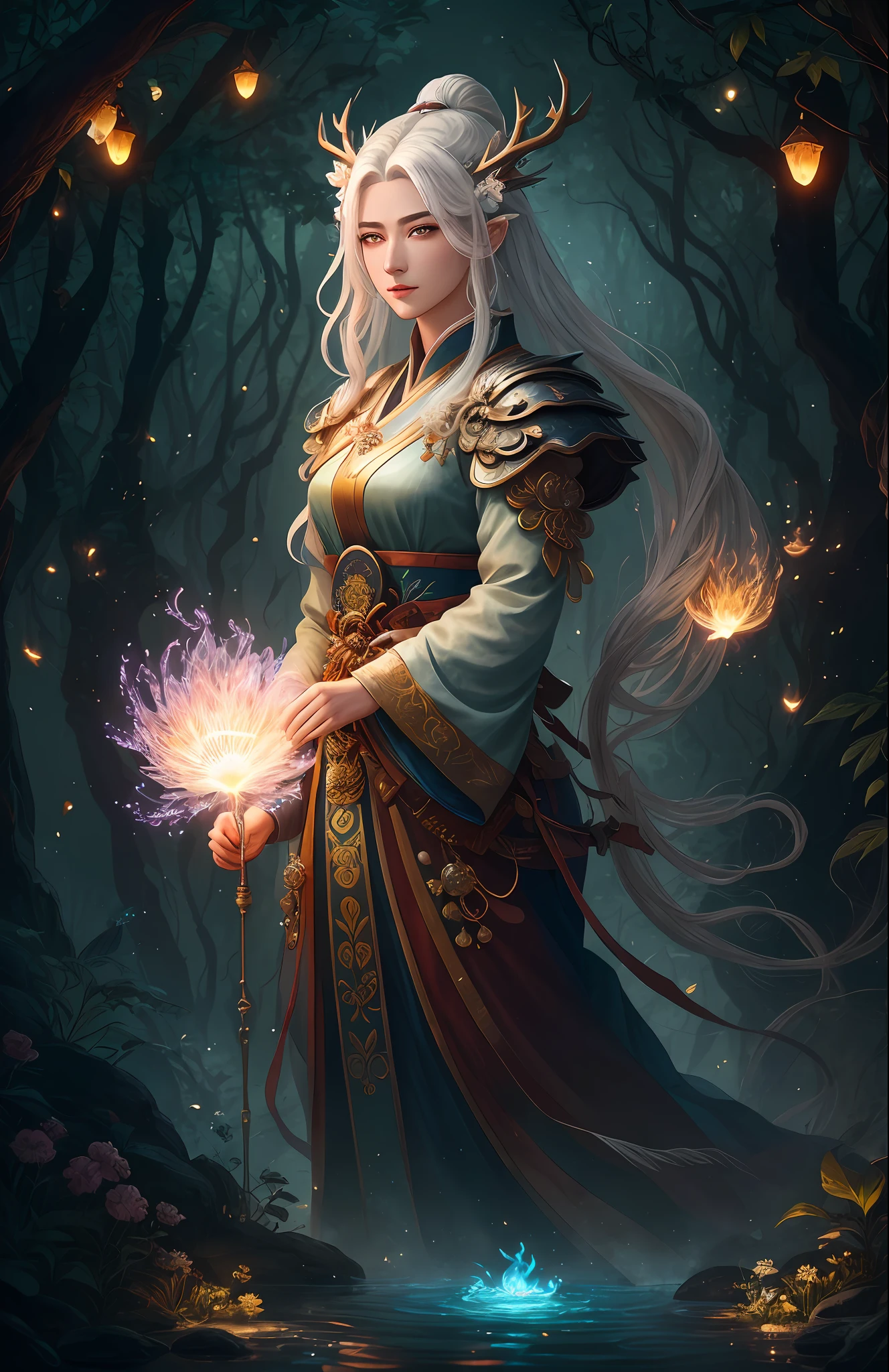 Masterpiece, best quality, (very detailed CG unified 8k wallpaper), (best quality), (best illustration), (best shadow), close-up of a beauty with white hair and white mask, beautiful figure painting, Guvitz, Guwiz style artwork, white-haired god, Yang J, epic exquisite character art, amazing character art, Fan Qi, Wu Zhun Shifan, Guwiz in pixiv art station, glowing elf, with a glowing deer, drinking water in the pool, Natural elements in forest theme. Mysterious forest, beautiful forest, nature, surrounded by flowers, delicate leaves and branches surrounded by fireflies (natural elements), (jungle theme), (leaves), (branches), (fireflies), (particle effects) and other 3D, Octane rendering, ray tracing, super detailed