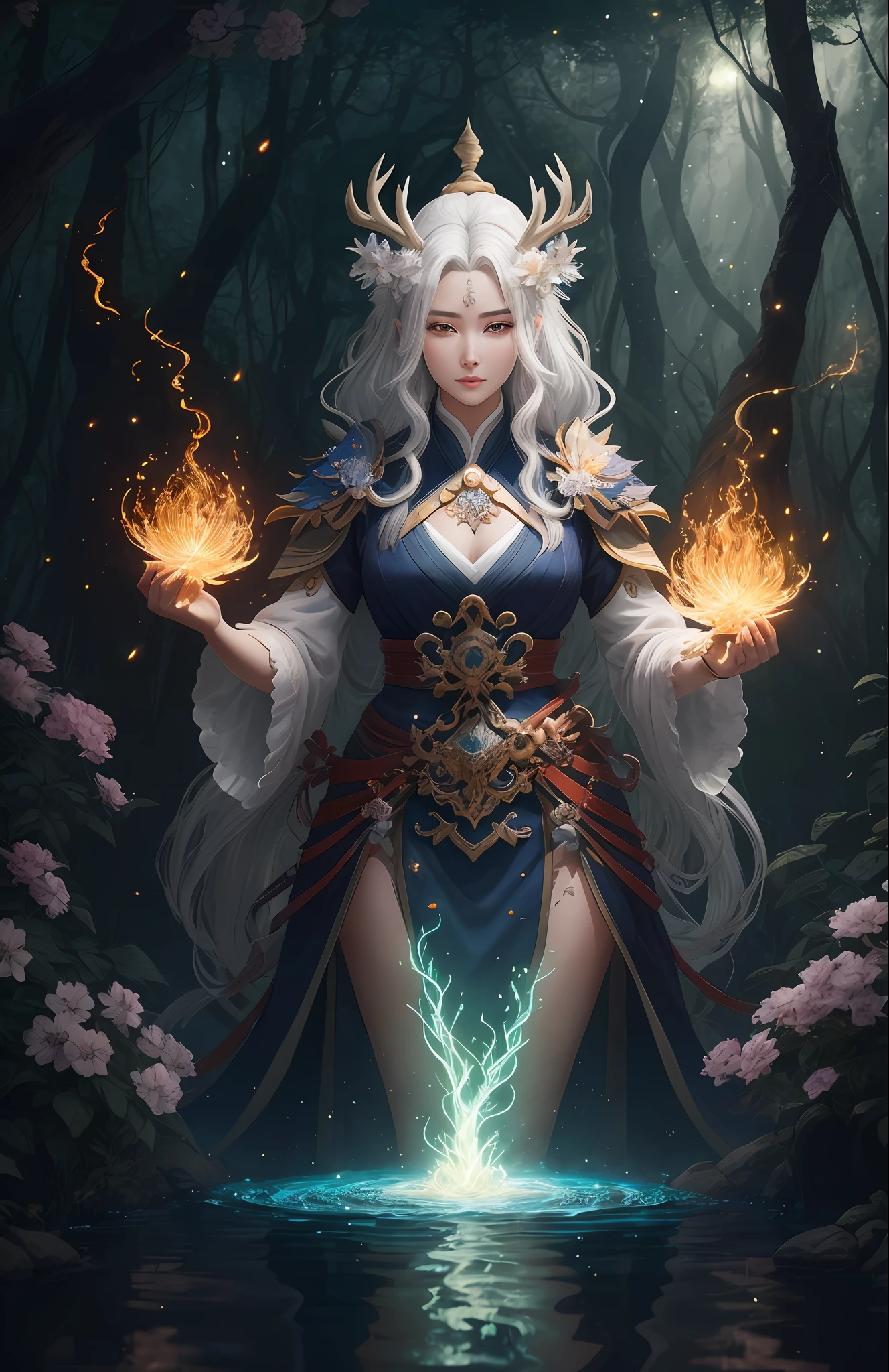 Masterpiece, best quality, (very detailed CG unified 8k wallpaper), (best quality), (best illustration), (best shadow), close-up of a beauty with white hair and white mask, beautiful figure painting, Guvitz, Guwiz style artwork, white-haired god, Yang J, epic exquisite character art, amazing character art, Fan Qi, Wu Zhun Shifan, Guwiz in pixiv art station, glowing elf, with a glowing deer, drinking water in the pool, Natural elements in forest theme. Mysterious forest, beautiful forest, nature, surrounded by flowers, delicate leaves and branches surrounded by fireflies (natural elements), (jungle theme), (leaves), (branches), (fireflies), (particle effects) and other 3D, Octane rendering, ray tracing, super detailed