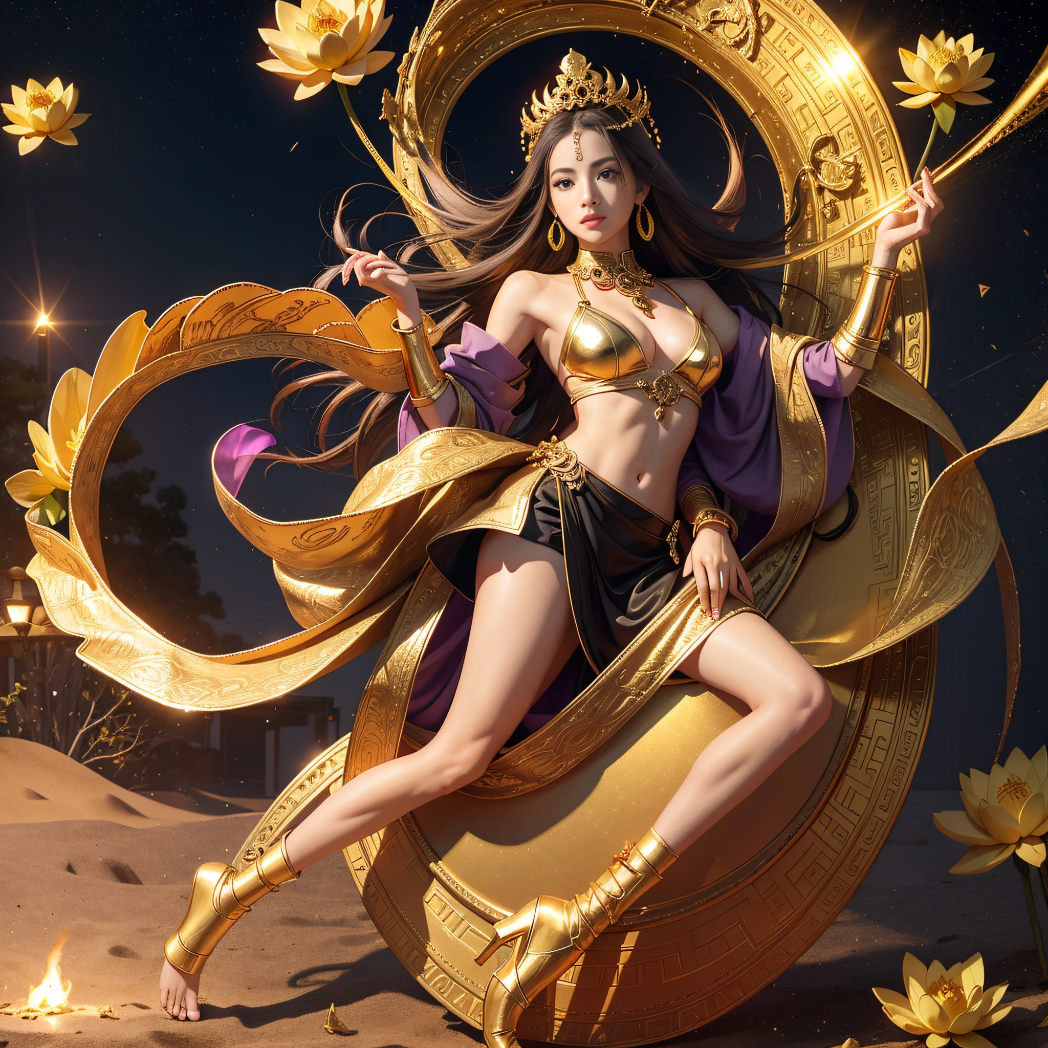 Golden sky, the ground is covered with gold bricks, square gold bricks, the ground is as flat as a mirror, a pool covered with golden sand, no walls, lotus flowers as big as wheels, colorful lotus flowers, people in the sky, with five Buddha crowns, golden onyx, golden marble, golden buildings, lotus flowers as big as wheels, yellow light, red light, purple light, white light, blue light