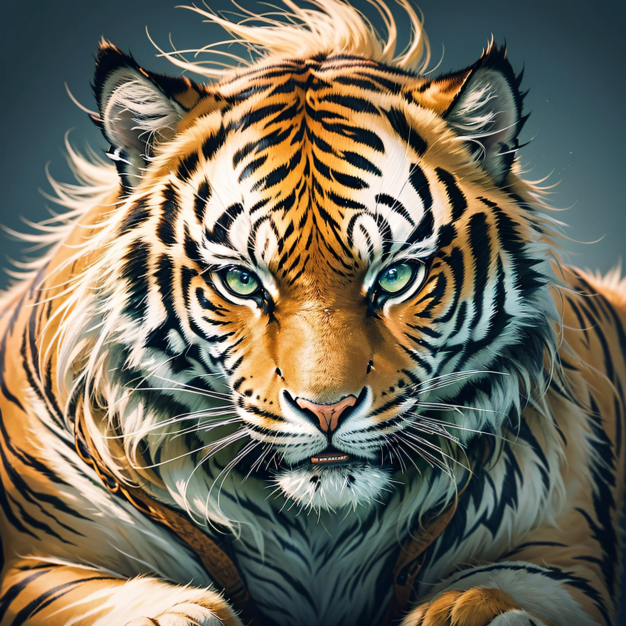 Capture the majestic beauty of a hyper-realistic tiger in a stunning portrait. The tiger should be the main subject, exuding power and grace. Focus on intricate details such as its piercing eyes, sleek fur, and intricate patterns. The image should be in high definition (HD) with an astonishing 8K resolution, allowing every strand of fur to be visible. Utilize expert lighting techniques to enhance the tiger's features and create a captivating atmosphere. With your camera, equipped with a telephoto lens, carefully compose the shot to showcase the tiger's strength and intensity. --auto --s2