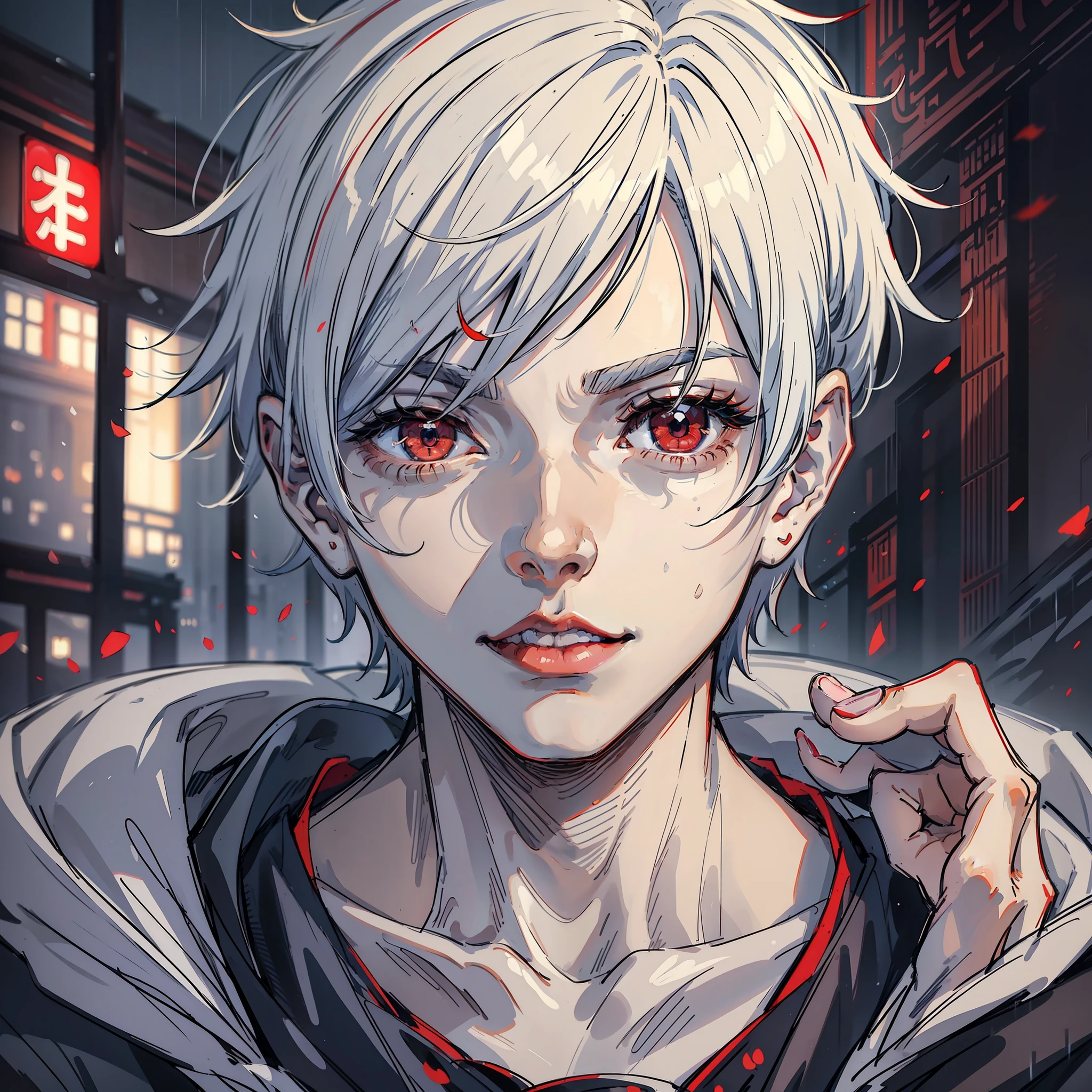 kk, best quality, more details, masterpiece, 1 boy, kaneki ken, portrait, male focus, red eyes, solo, bangs, look at viewer, hood, short hair, rain, tokyo tokyo \(city\), hood, nail polish, white hair, luxurious, 8k, detailed, ray tracing, depth of field, cinematic lighting,