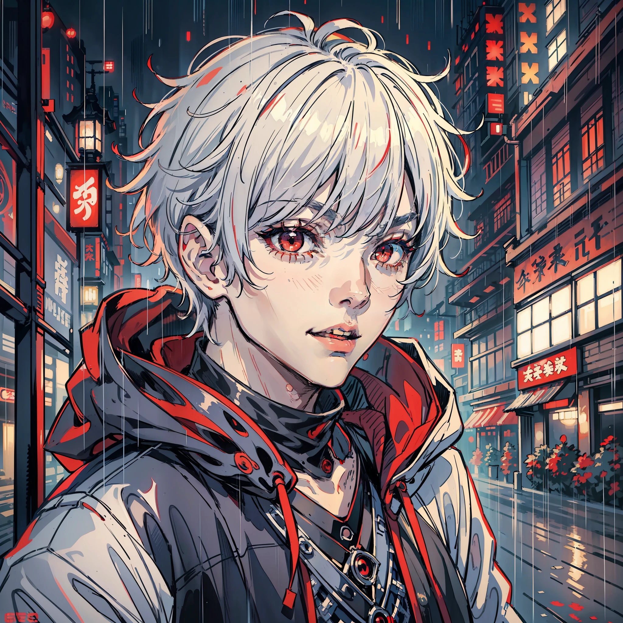 kk, best quality, more details, masterpiece, 1 boy, kaneki ken, portrait, male focus, red eyes, solo, bangs, look at viewer, hood, short hair, rain, tokyo tokyo \(city\), hood, nail polish, white hair, luxurious, 8k, detailed, ray tracing, depth of field, cinematic lighting,