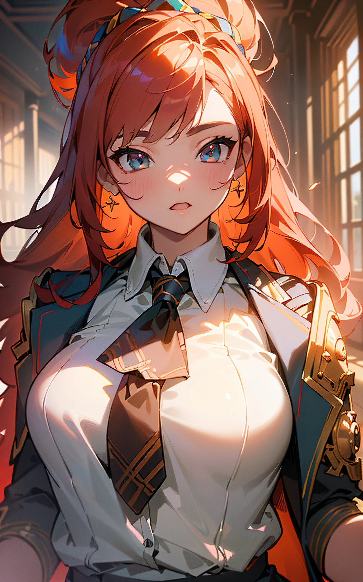 ((unity 16k wallpaper, masterpiece, best quality, ultra-detailed, extremely detailed CG, caustics, detailed, beautiful detailed eyes, 14 years old, dynamic pose、curby)), ultra high-definition, fine skin, (cute: 1.2), (school uniform)、red hair