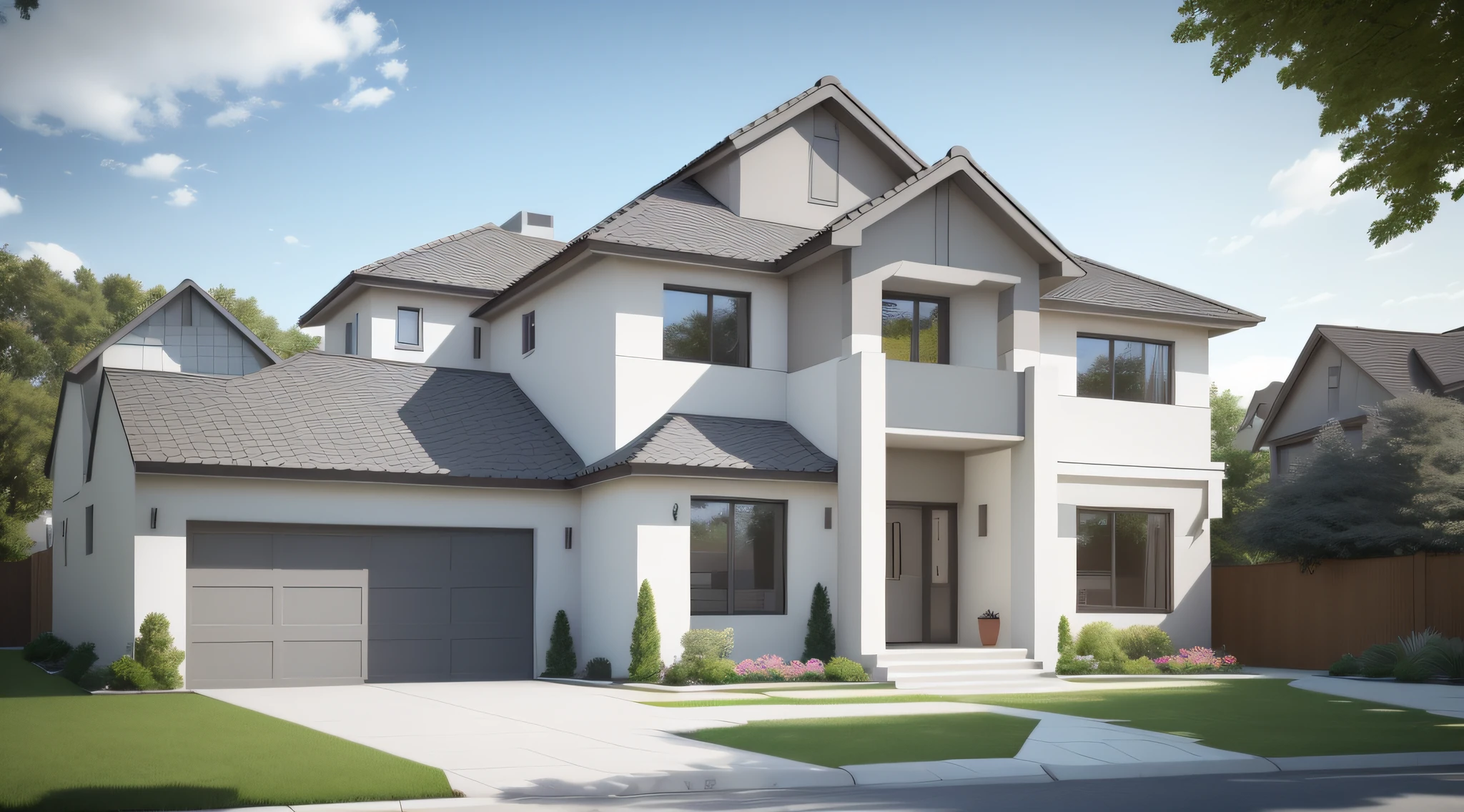 architectural design, modern American style house, colors of the walls in light gray, with details in masonry type gray bricks, two floors, with door in oak wood, large and wide windows, with wooden edges, a flowering garden with white and pink flowers, modern sterna lighting, solar lighting, an external garage with a car model tesla s red in frentre,  peaceful city neighborhood background with multiple houses in the background, Realism, ray tracing, jpeg artifacts, reflection light, super detail, high details, 8k, 16k, high quality, best quality