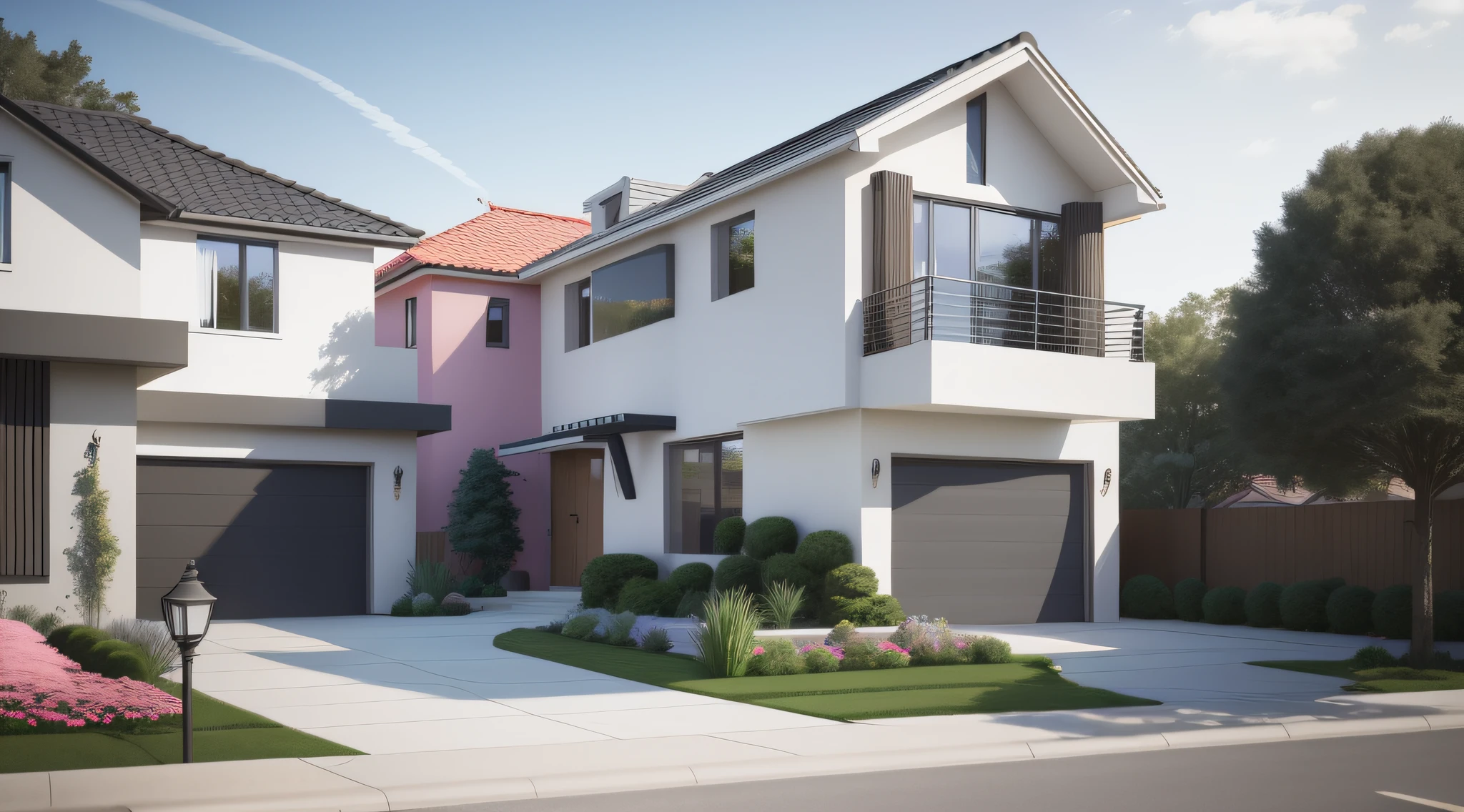 architectural design, modern American style house, colors of the walls in light gray, with details in masonry type gray bricks, two floors, with door in oak wood, large and wide windows, with wooden edges, a flowering garden with white and pink flowers, modern sterna lighting, solar lighting, an external garage with a car model tesla s red in frentre,  peaceful city neighborhood background with multiple houses in the background, Realism, ray tracing, jpeg artifacts, reflection light, super detail, high details, 8k, 16k, high quality, best quality