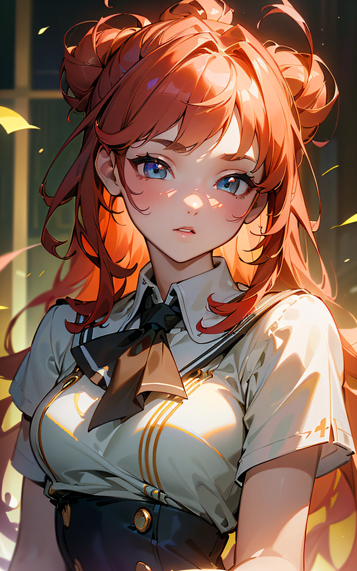 ((unity 16k wallpaper, masterpiece, best quality, ultra-detailed, extremely detailed CG, caustics, detailed, beautiful detailed eyes, , dynamic pose、curby)), ultra high-definition, fine skin, (cute: 1.2), (school uniform)、red hair