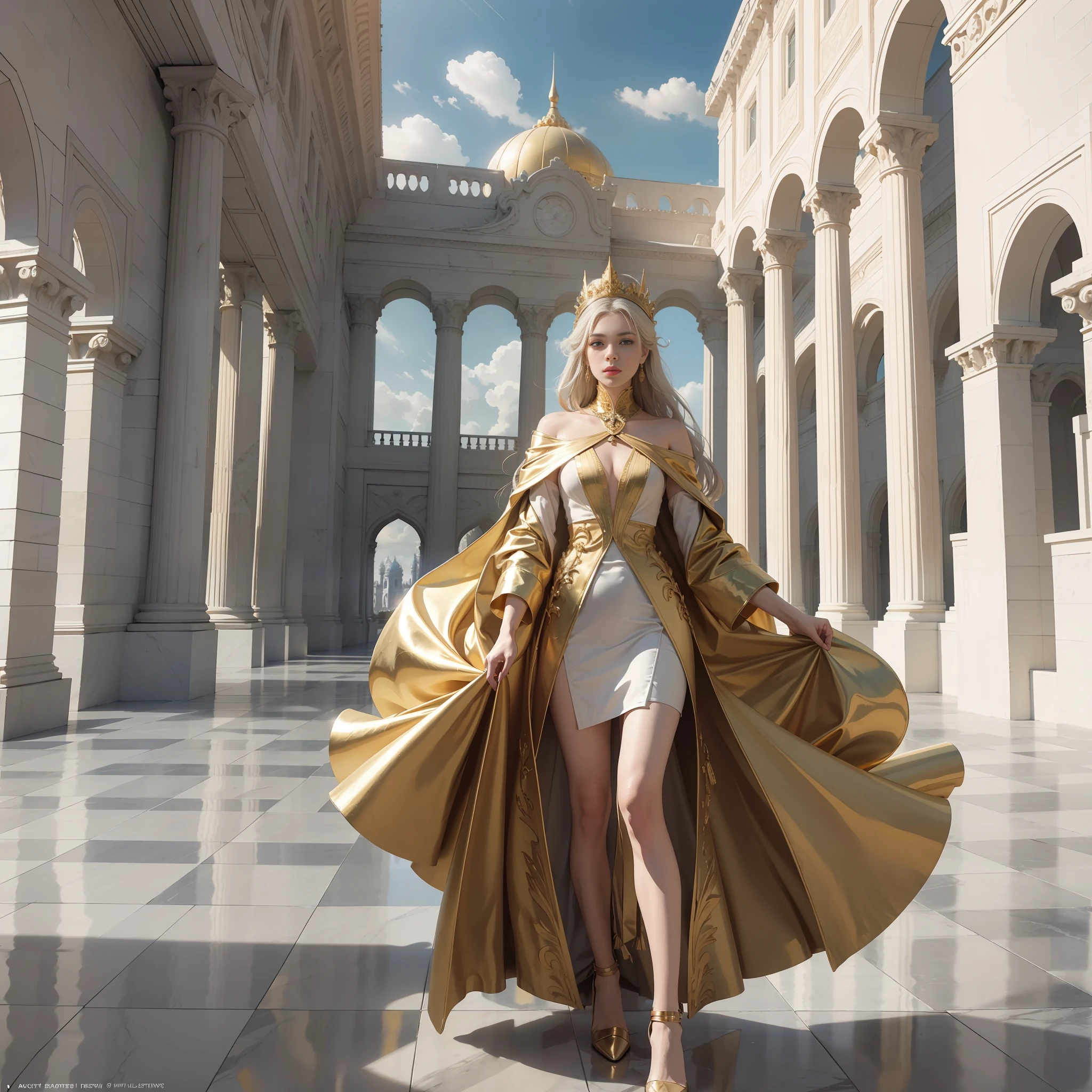 Conceptual art, absurd, surrealism, high resolution, official art, Unity 8k wallpaper, ultra detail, white marble, gold bricks, golden architecture, bright sky, postmodernism, no shadows, palace architecture, balotte style, interior