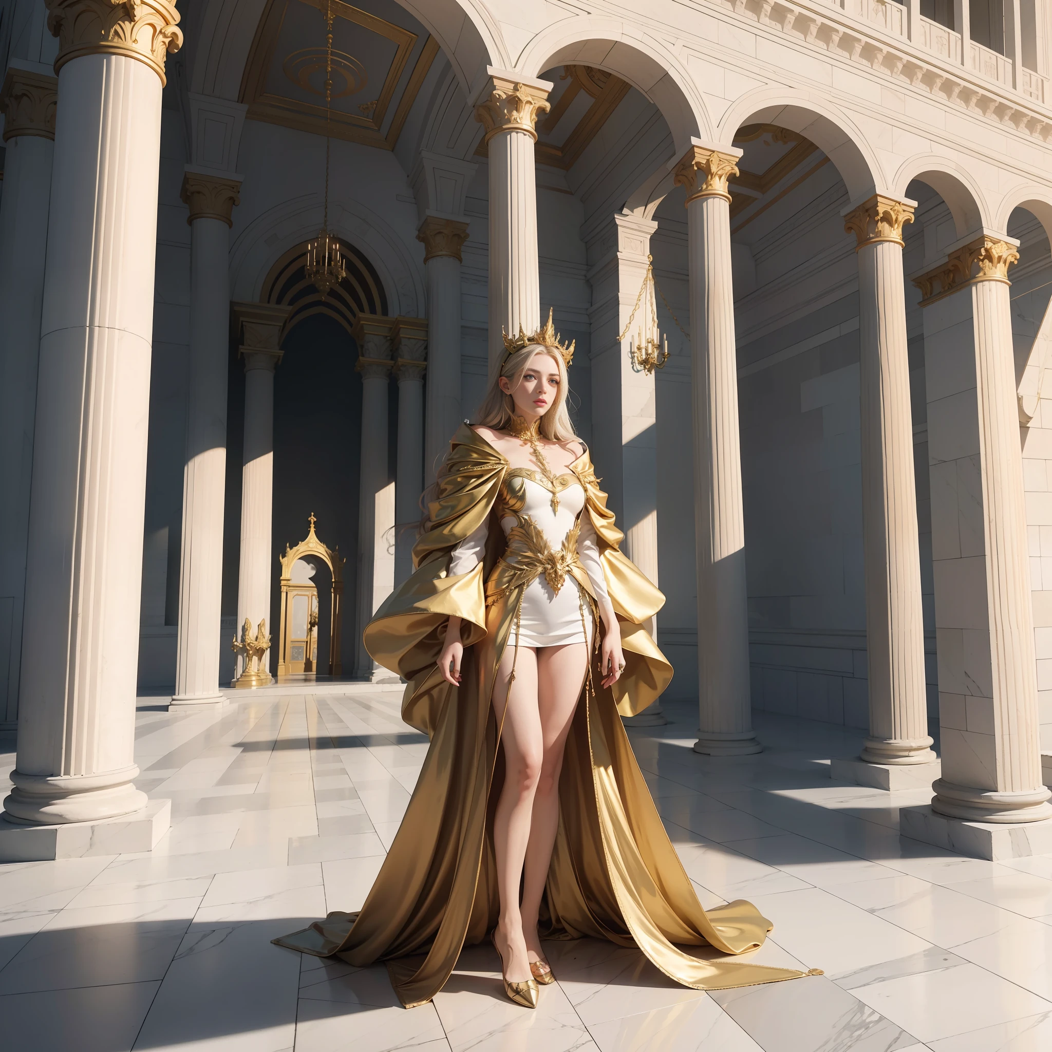 Conceptual art, absurd, surrealism, high resolution, official art, Unity 8k wallpaper, ultra detail, white marble, gold bricks, golden architecture, bright sky, postmodernism, no shadows, palace architecture, balotte style, interior