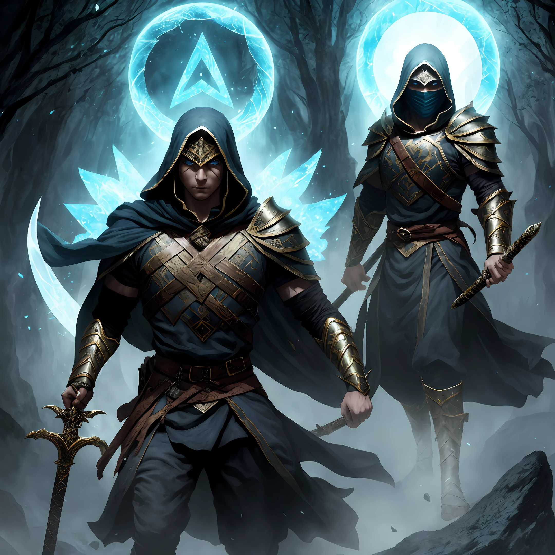 A mysterious warrior, mastering the art of magic and swords. He carries an enchanted sword with ancient runes and wears an enchanted armor, emitting an ethereal aura. His face is partially hidden by a shadowy cloak, and his eyes glow with an unearthly light. In a position of concentration, he floats above an abyss, with stone pillars around him, as a spell unfolds in his hands.