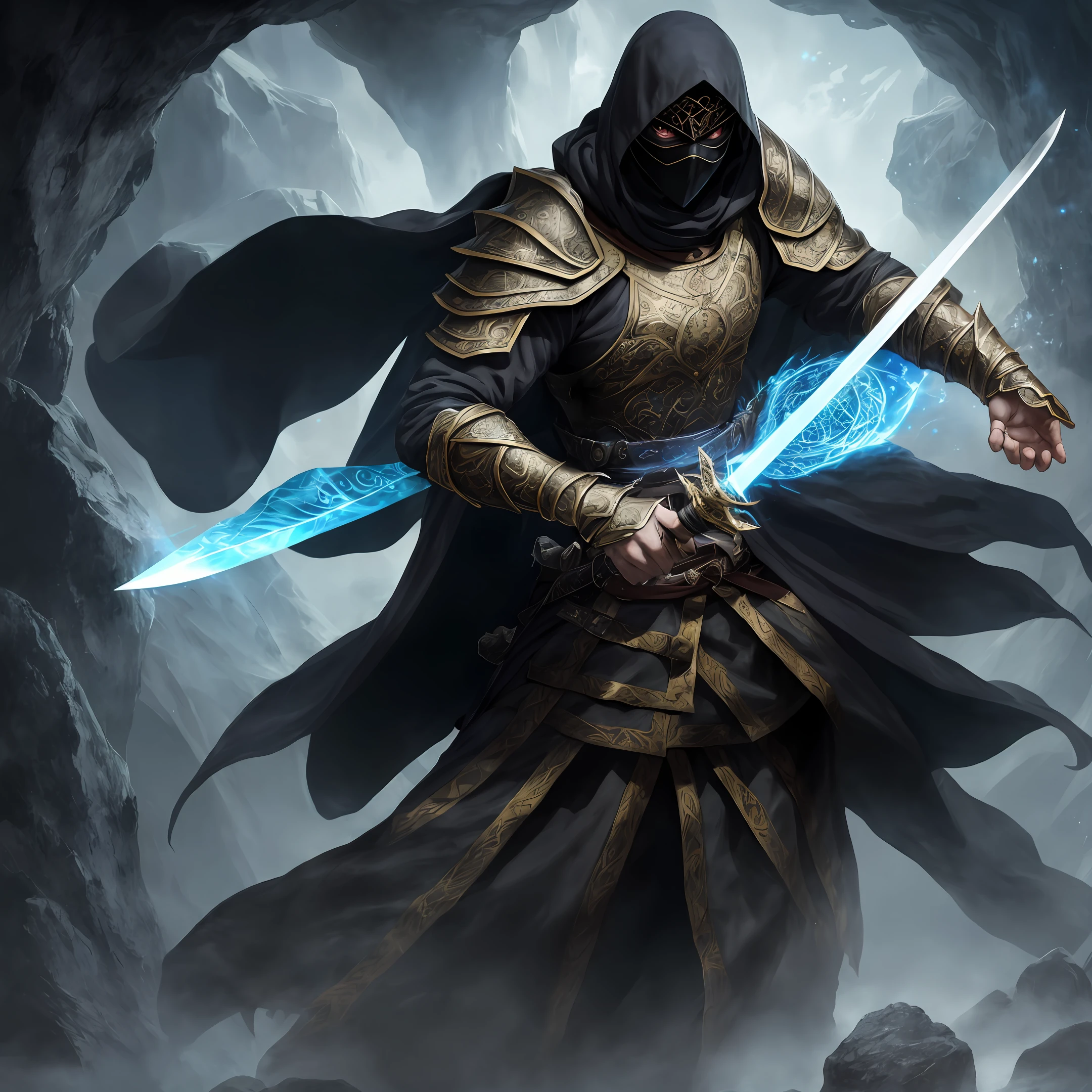 A mysterious warrior, mastering the art of magic and swords. He carries an enchanted sword with ancient runes and wears an enchanted armor, emitting an ethereal aura. His face is partially hidden by a shadowy cloak, and his eyes glow with an unearthly light. In a position of concentration, he floats above an abyss, with stone pillars around him, as a spell unfolds in his hands.