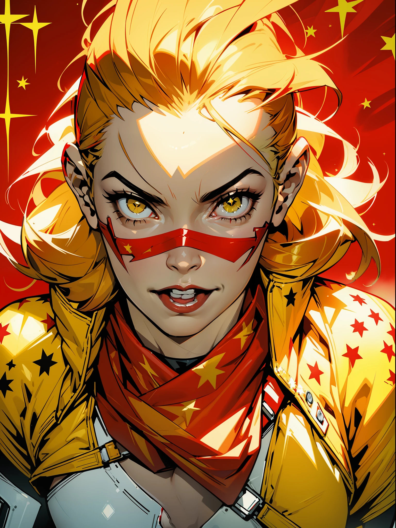 (((woman))), ((Soviet poster)), A 35-year-old muscular Russian woman warrior almost naked in the Simon Bisley style for the cover of Heavy Metal magazine, (((tiny red thong))), super short blonde hair, Minimal clothing, Cyrillic alphabet, red carbon fiber armor with yellow stars in hexagonal pattern stained with ink, ((((red clothing with yellow stars)))), (((short-cut))),  ((Annie Lennox)), inside a spaceship, cyberpunk, tight suits, bio mechanical suit,