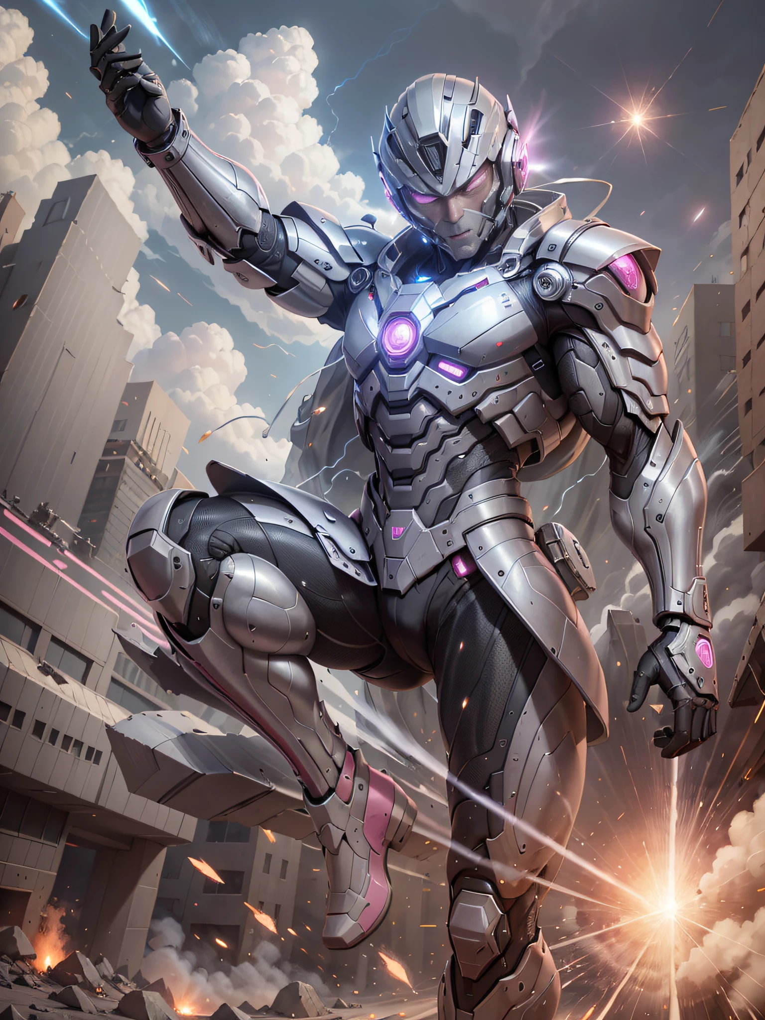 8K, Best Quality, Masterpiece, Ultra High Resolution, (Realism: 1.4), Men, wearing futuristic clothes, High-tech combat suit, cold face, (pink pupils), ((pink crystal eyes)), red laser beam, full-body, coquettish, macho, holding holographic projection shield, black clouds, lightning, real aerial battlefield background, floating dust, Falling planes, armored vehicles, flying anti-aircraft missiles, exploding flames, real person, real face, cool, perfect cyborg wearing sci-fi headset, cool man, cyborg, silver-haired, manipulator, CG,