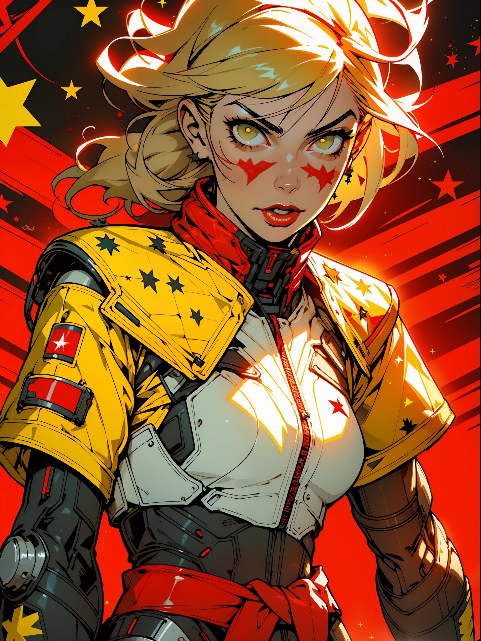 (((woman))), ((Soviet poster)), A 35-year-old muscular Russian woman warrior almost naked in the Simon Bisley style for the cover of Heavy Metal magazine, (((tiny red thong))), super short blonde hair, Minimal clothing, Cyrillic alphabet, red carbon fiber armor with yellow stars in hexagonal pattern stained with ink, ((((red clothing with yellow stars)))), (((short-cut))), ((Annie Lennox)), inside a spaceship, cyberpunk, tight suits, bio mechanical suit,