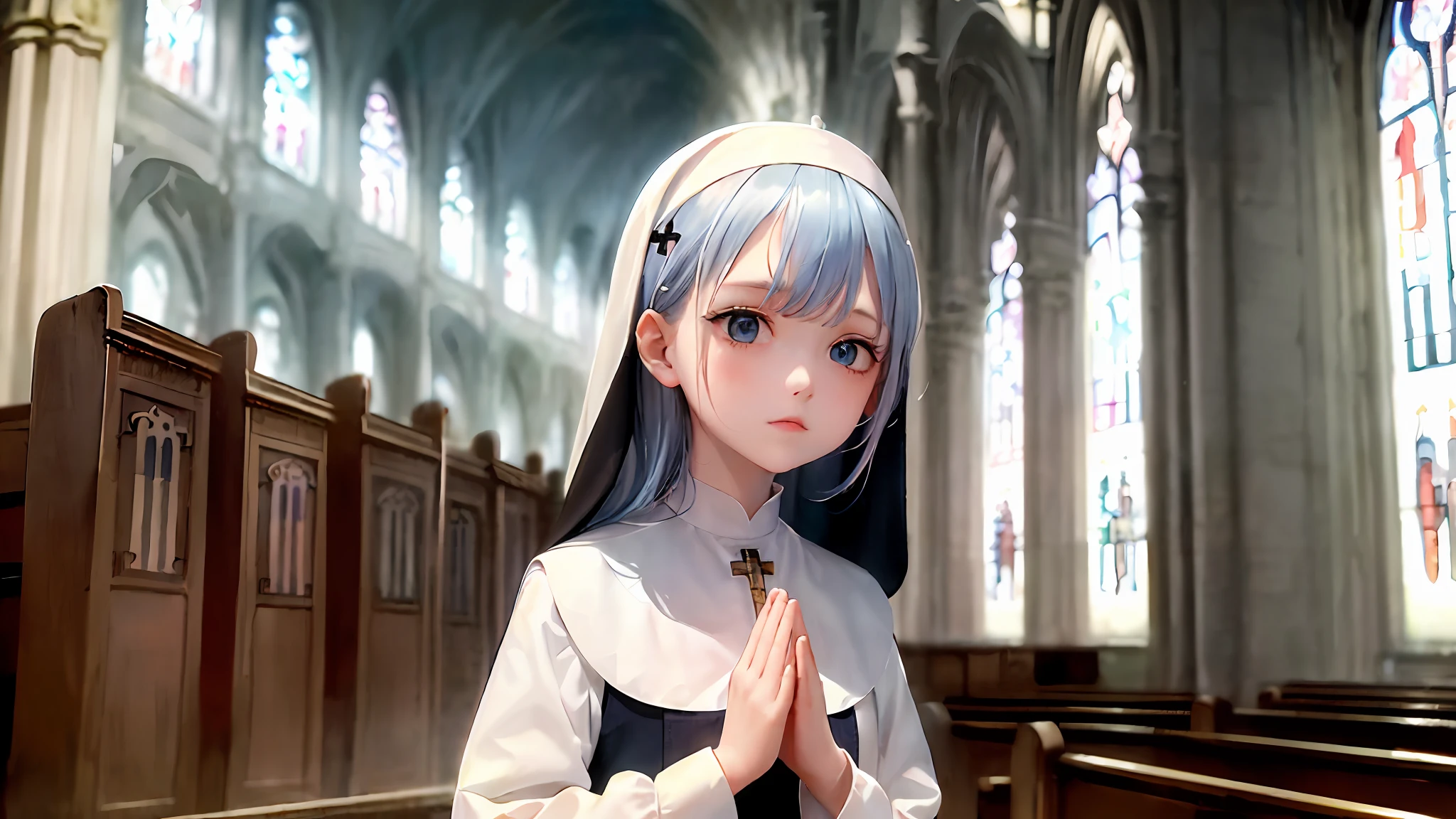 1girl, (masterpiece:1.1), (best quality:1.1), (white blouse:1.1), nun, nun dress, break [blue:pink:0.5] theme, (urban background: 1.1), upper body, denim lens, break blue hair, long hair, blue eyes, sideways, standing, (prayer: 1.5), interior, church, organ, artistic light,