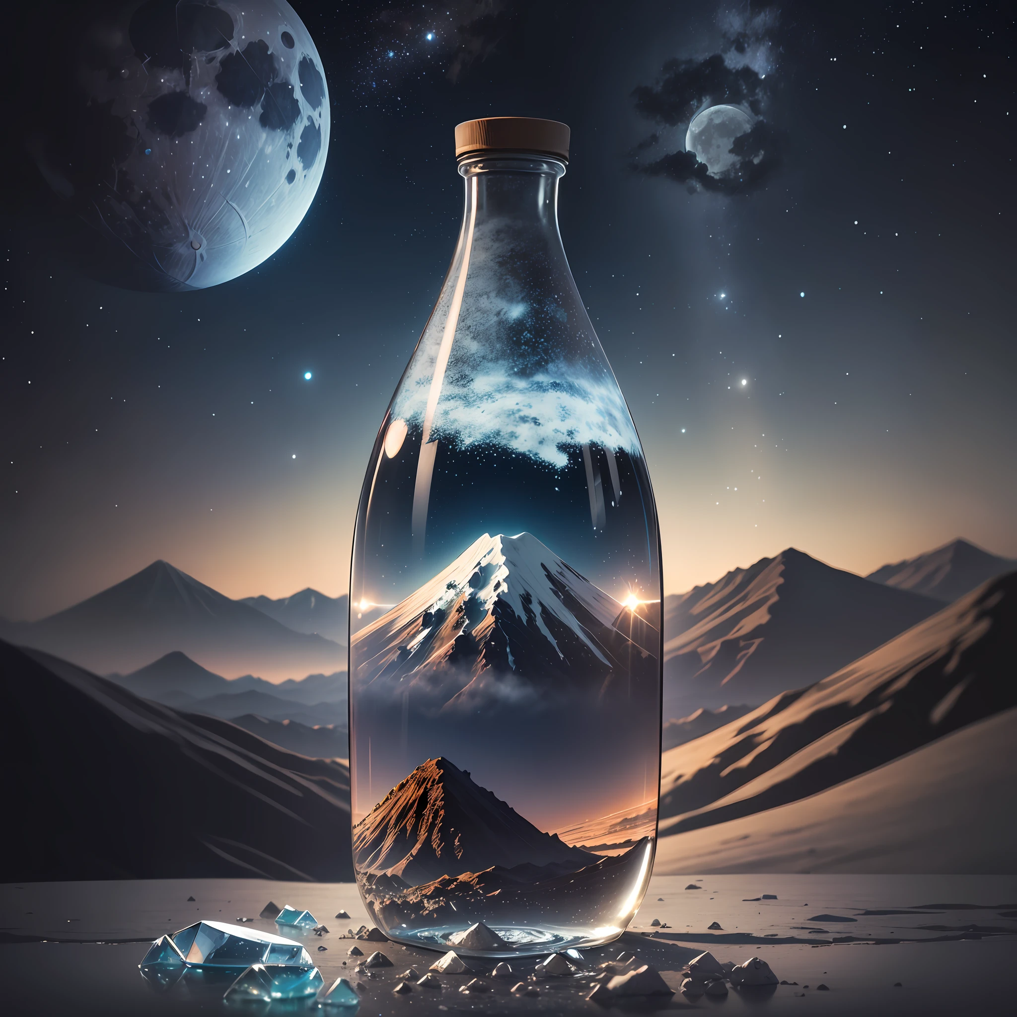 Computer, Extensive landscape ultra photography (general view showing glass glass, glass bottle, inside, moon, ice, general view, glass, dawn, stars, volcano), blurred background, gloomy, magic