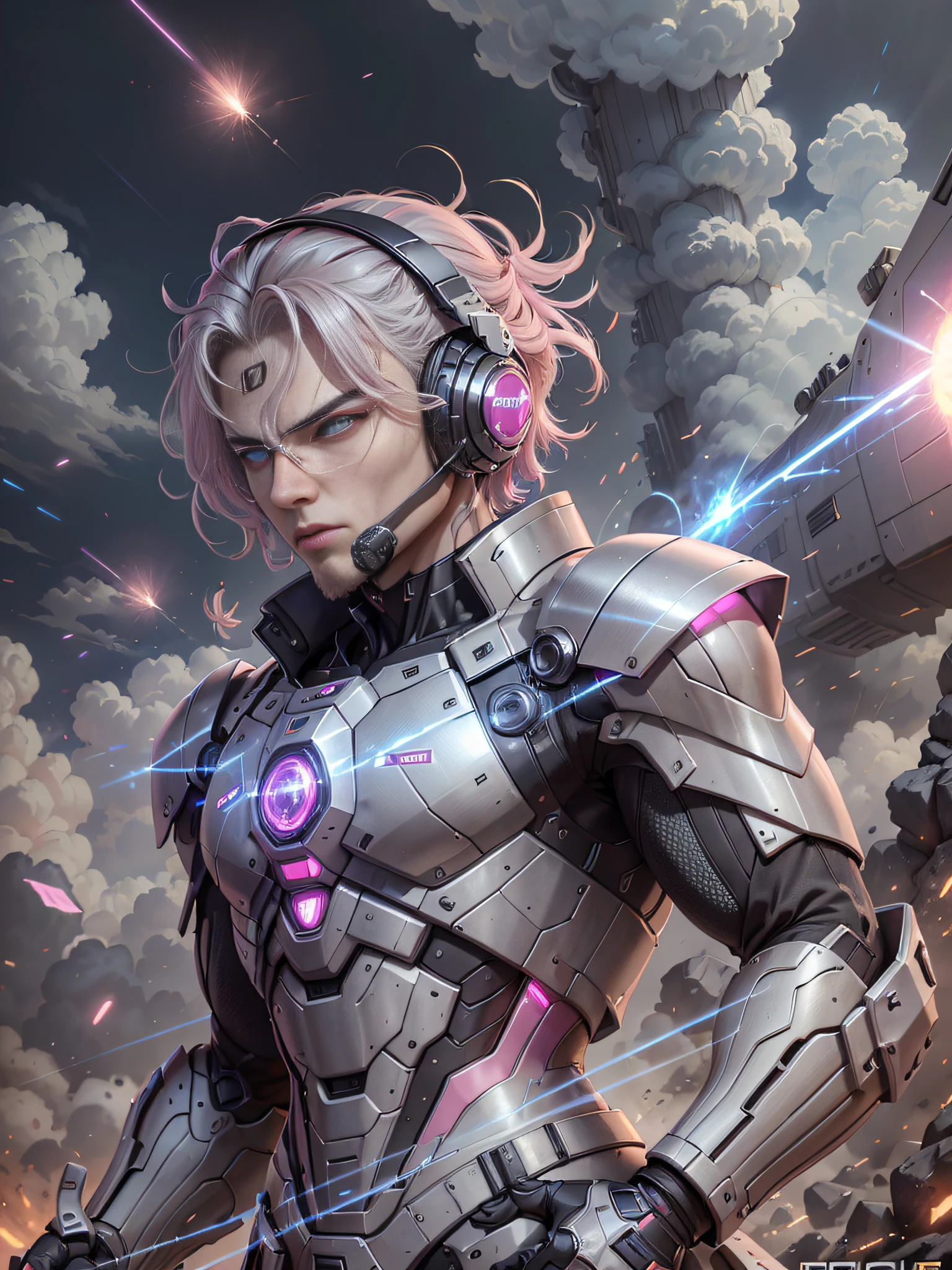 8K, Best Quality, Masterpiece, Ultra High Resolution, (Realism: 1.4), Men, wearing futuristic clothes, High-tech combat suit, cold face, (pink pupils), ((pink crystal eyes)), red laser beam, full-body, coquettish, macho, holding holographic projection shield, black clouds, lightning, real aerial battlefield background, floating dust, Falling planes, armored vehicles, flying anti-aircraft missiles, exploding flames, real person, real face, cool, perfect cyborg wearing sci-fi headset, cool man, cyborg, silver-haired, manipulator, CG,
