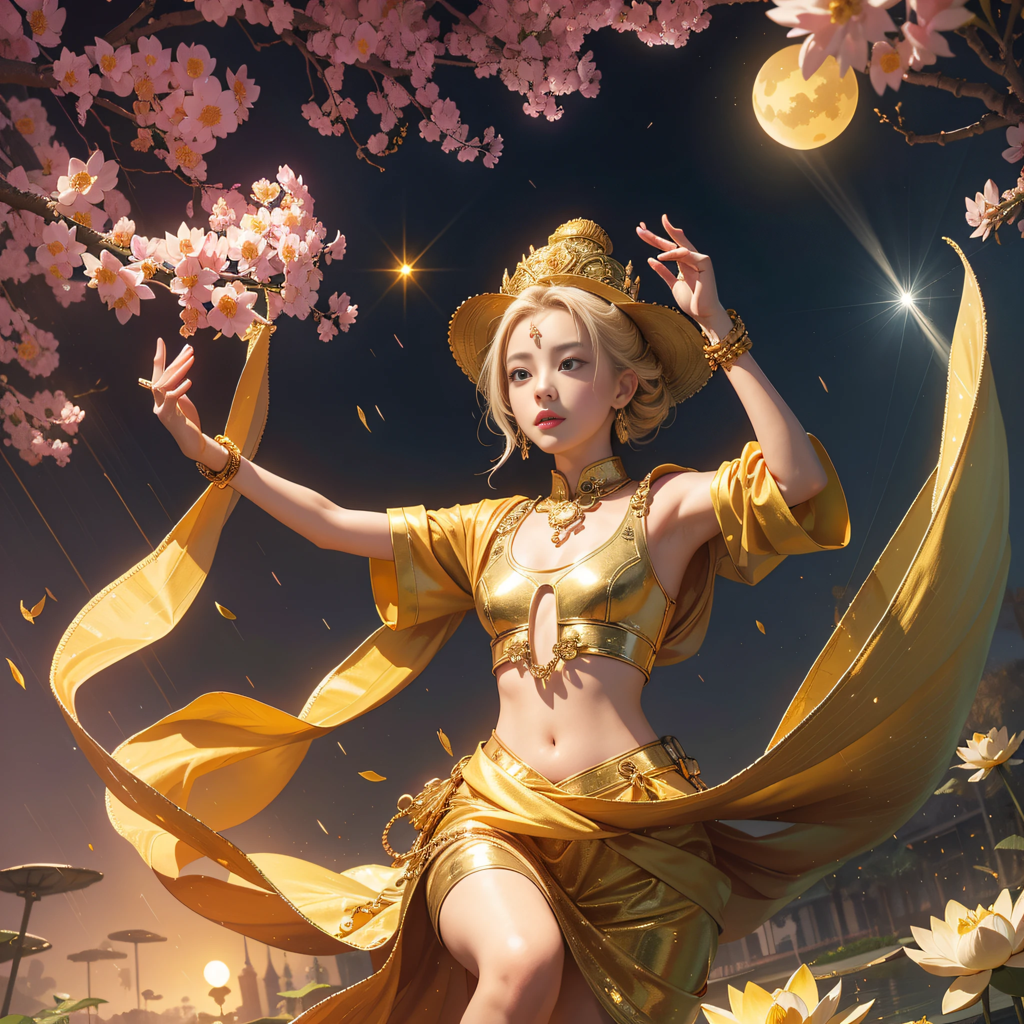 Golden sky, the ground is covered with gold bricks, square gold bricks, the ground is as flat as a mirror, a pool covered with golden sand, no walls, lotus flowers as big as wheels, colorful lotus flowers, people in the sky, with five Buddha crowns, golden sky, golden onyx, golden marble, golden buildings, lotus flowers as big as wheels, yellow light, red light, purple light, white light, blue light, golden canopy, petal rain from the sky
