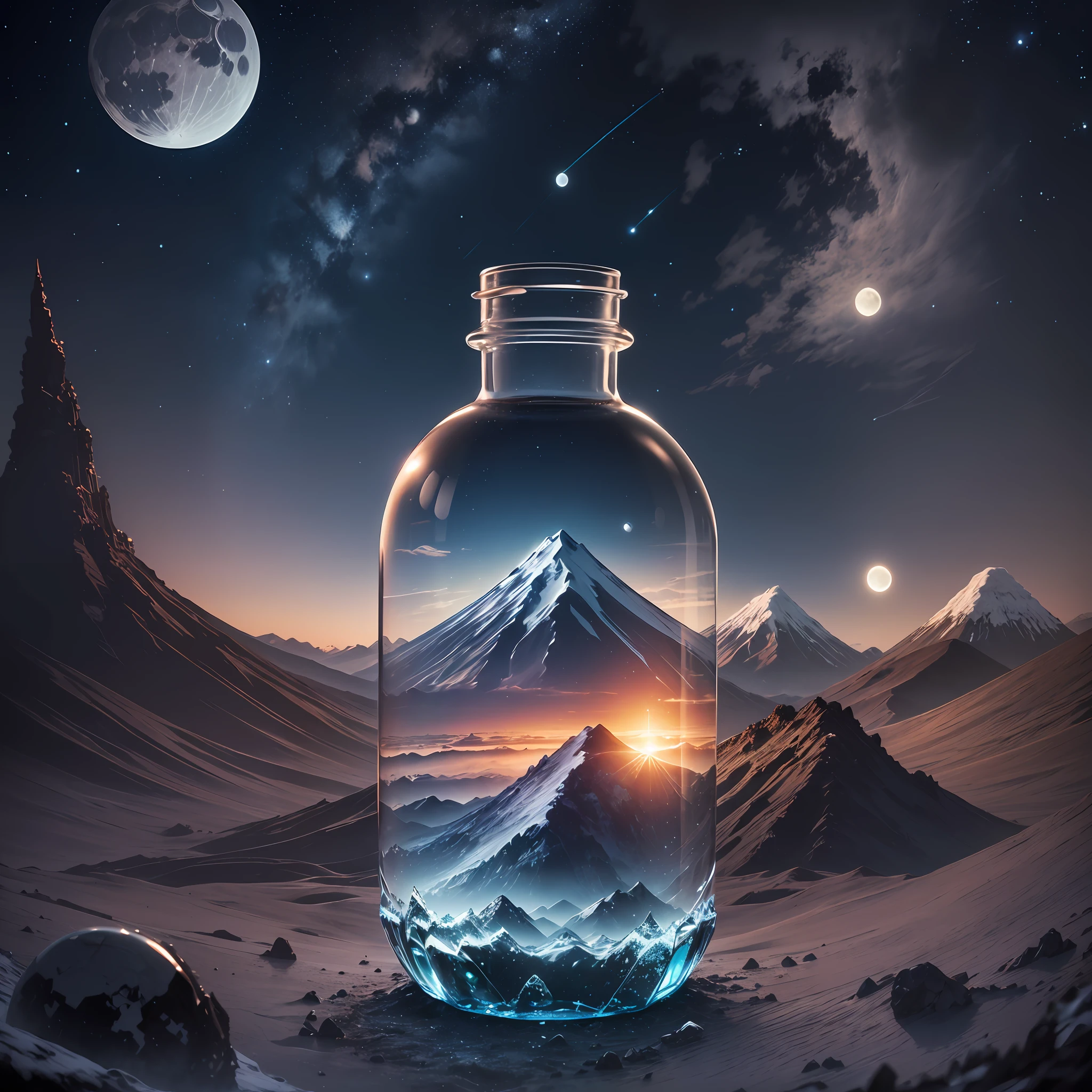 Computer, Extensive landscape ultra photography (general view showing glass glass, glass bottle, inside, moon, ice, general view, glass, dawn, stars, volcano), blurred background, gloomy, magic