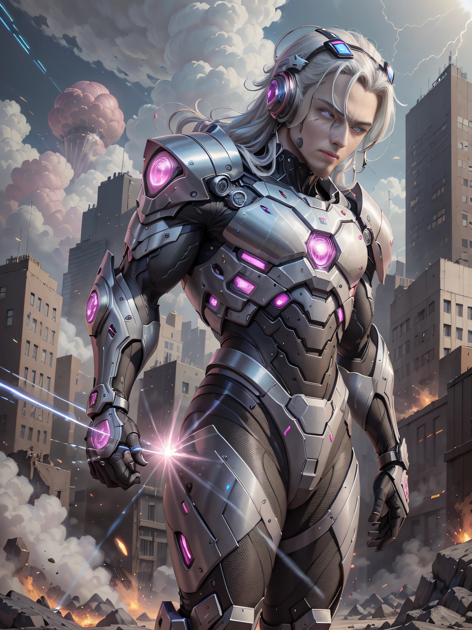 8K, Best Quality, Masterpiece, Ultra High Resolution, (Realism: 1.4), Men, wearing futuristic clothes, High-tech combat suit, cold face, (pink pupils), ((pink crystal eyes)), red laser beam, full-body, coquettish, macho, holding holographic projection shield, black clouds, lightning, real aerial battlefield background, floating dust, Falling planes, armored vehicles, flying anti-aircraft missiles, exploding flames, real person, real face, cool, perfect cyborg wearing sci-fi headset, cool man, cyborg, silver-haired, manipulator, CG,