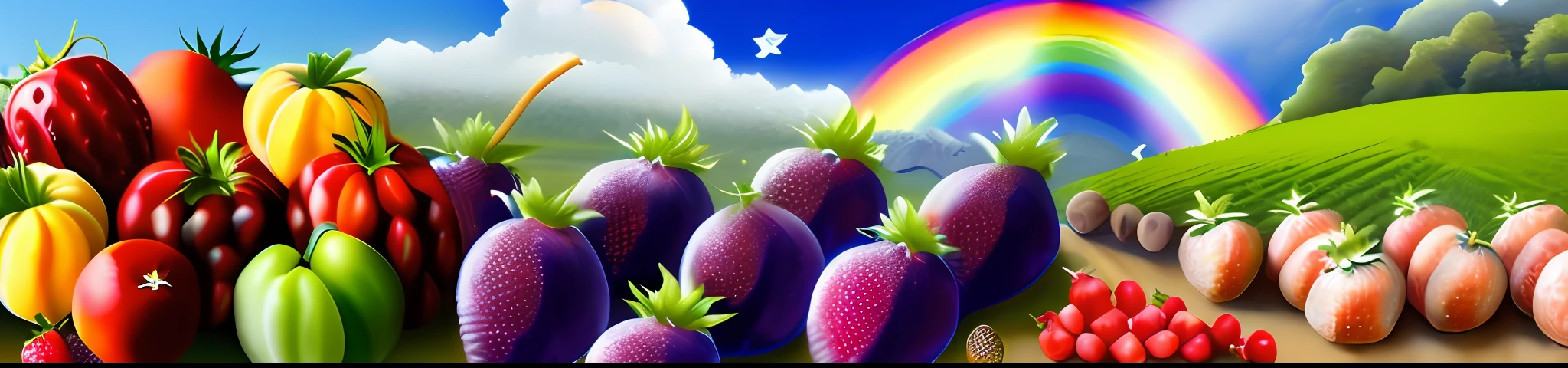 Painting of various vegetables on the mountain, rainbow, grape red beauty, strawberries, peanuts, peaches in the background