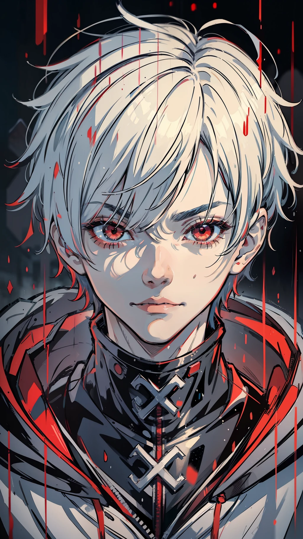kk, best quality, more details, masterpiece, 1 boy, kaneki ken, portrait, male focus, red eyes, solo, bangs, look at viewer, hood, short hair, rain, tokyo tokyo \(city\), hood, nail polish, white hair, luxurious, 8k, detailed, ray tracing, depth of field, cinematic lighting,