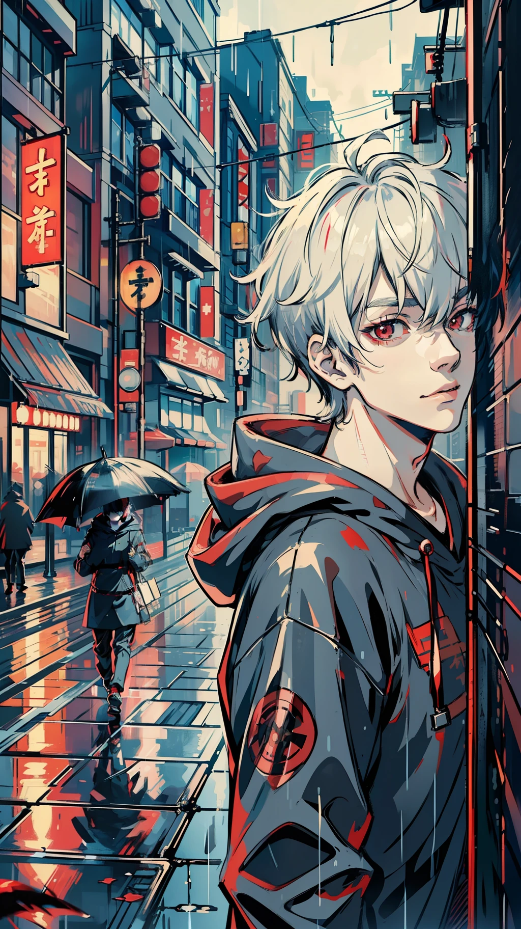 kk, best quality, more details, masterpiece, 1 boy, kaneki ken, portrait, male focus, red eyes, solo, bangs, look at viewer, hood, short hair, rain, tokyo tokyo \(city\), hood, nail polish, white hair, luxurious, 8k, detailed, ray tracing, depth of field, cinematic lighting,