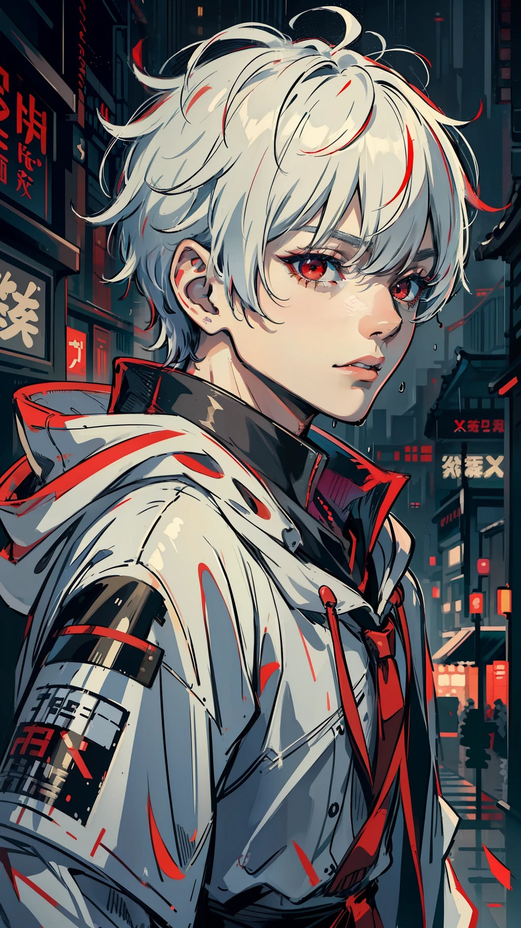 kk, best quality, more details, masterpiece, 1 boy, kaneki ken, portrait, male focus, red eyes, solo, bangs, look at viewer, hood, short hair, rain, tokyo tokyo \(city\), hood, nail polish, white hair, luxurious, 8k, detailed, ray tracing, depth of field, cinematic lighting,