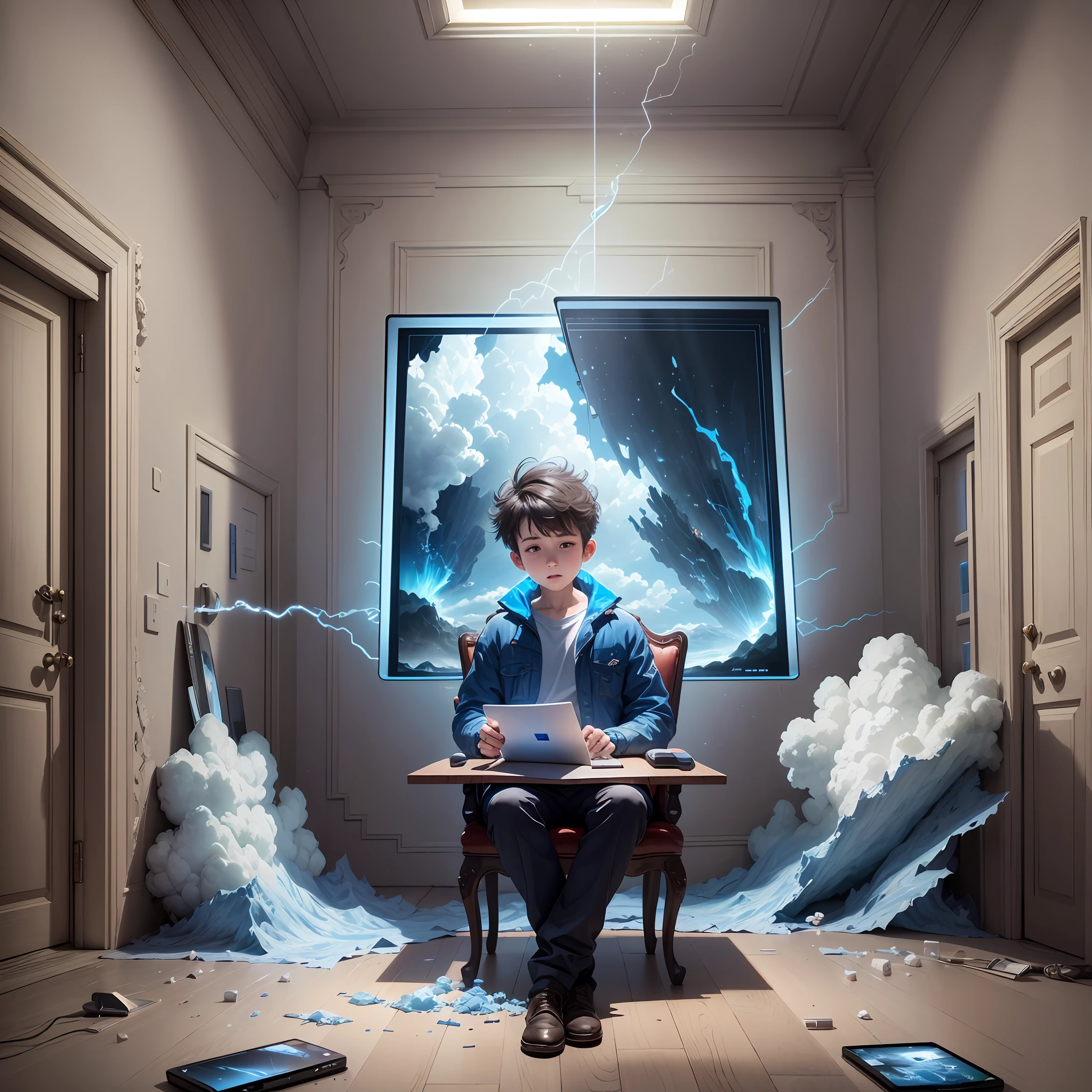 masterpiece, best quality, wallpaper, extremely detailed CG unit, digital illustration, visualize a boy sitting in the chair in front of computer in the bedroom, wrapped in thin digital mist, boy disintegrates in the form of digital square pieces, (the pieces move towards the sky), (a light column illuminates on top of the boy), very clear blue light,  (blue rays coming out of the computer) --auto --s2