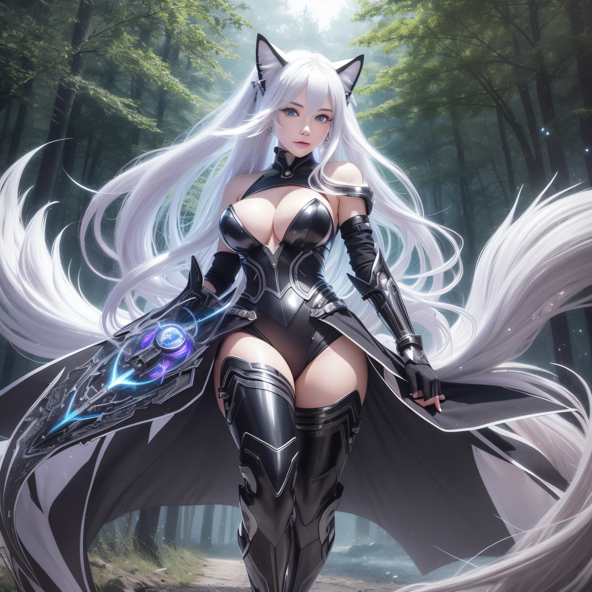 Life like sexy anime cyborg cat girl with long white hair and blue eyes, full body portrait, white and black battle dress, battle armor, life like characteristics,ultra realism, Soft smile, riding a mystical black dragon,apocalyptic background, naughty pose, hyper realistic, 3 d anime realistic, advanced digital anime art,extremely detailed art germ, 8k high quality detailed art, solo,full body portrait, amazing beauty,, dynamic pose, delicate face, vibrant eyes, (from the front), silver hair, streaked hair, very long hair, expressive hair, multicolored eyes, aqua eyes, purple eyes, fox ears,heart earrings, earrings, light smile, shy, blush, parted lips, licking lips, heavy breathing, naughty face, naughty, sparkle, god rays, super detail, high quality, anatomically correct, textured skin, best quality,full body portrait,silver wolf,seen from below,guweiz on artstation pixiv, forest back ground, resolution 4098x2160, 8k --auto --s2