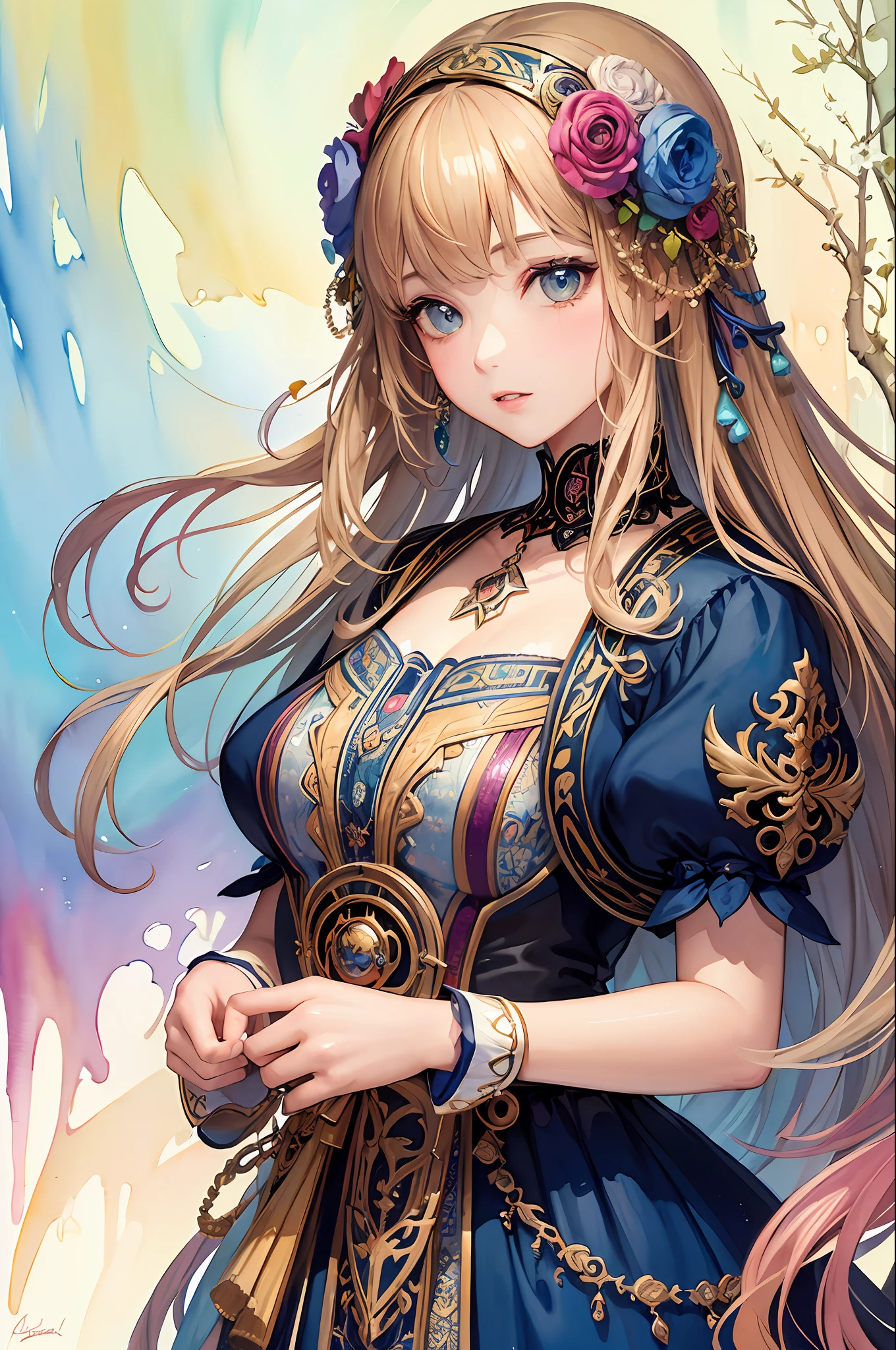 (masterpiece, top quality, best quality, official art, beautiful and aesthetic:1.2), (1girl:1.3), extreme detailed,colorful,highest detailed,(watercolour painting:1.3), optical mixing, playful patterns, lively texture, rich colors, unique visual effect